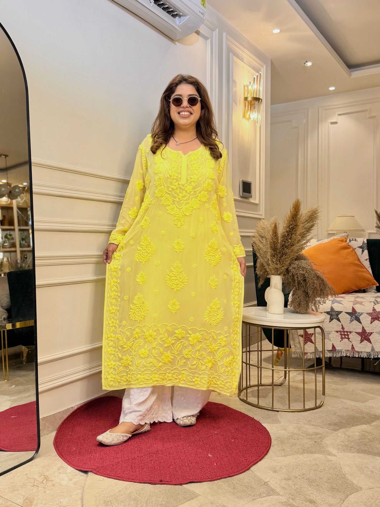 Hand Embroidered 6D Chikankari Kurta  | Premium Viscose | Neon yellow