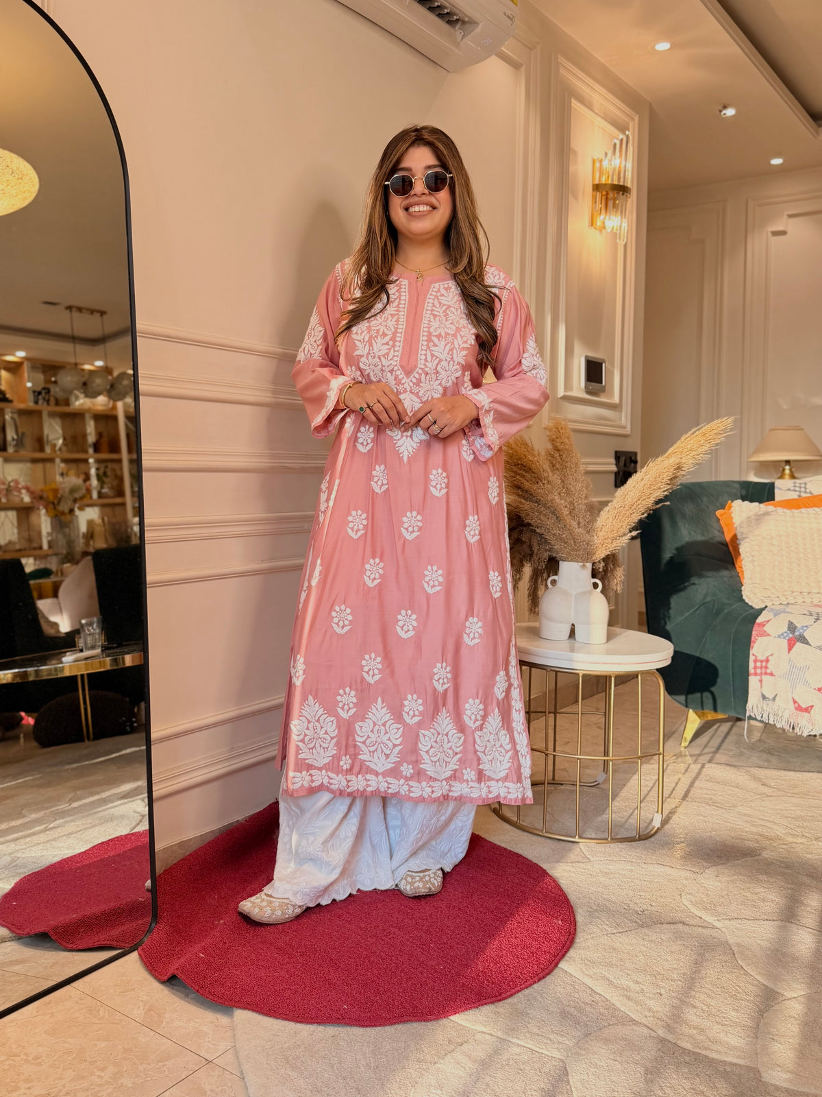 Hand Embroidered 3D Chikankari Kurta | Mul Chanderi | Pastel Rose