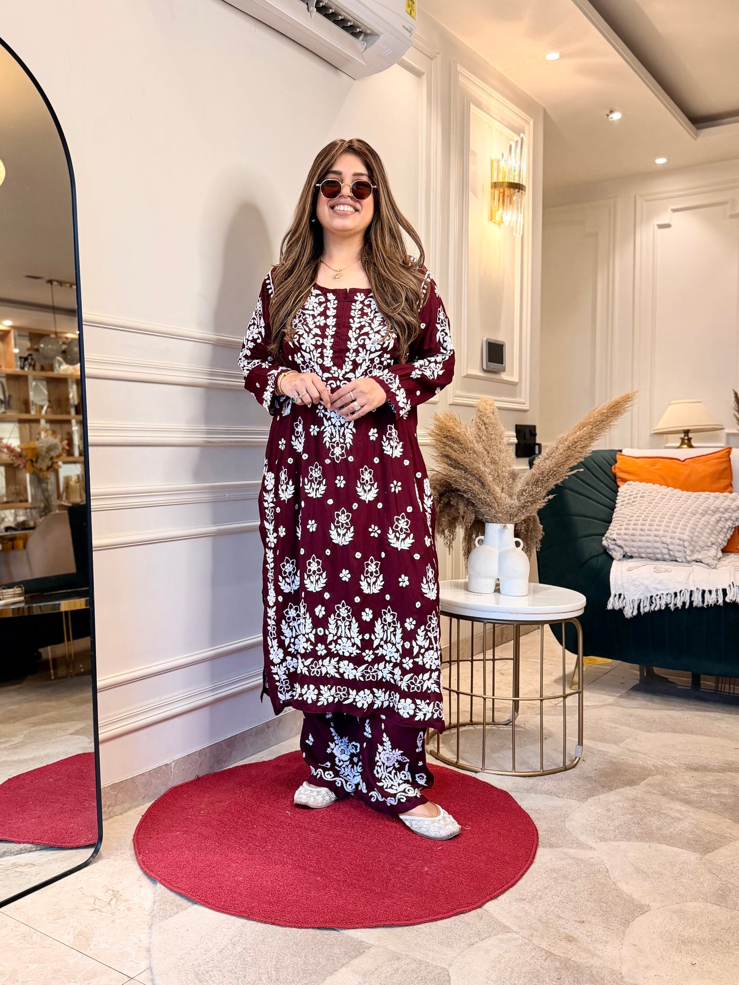 Hand embroidered 3D Chikankari Kurta set | Premium Modal| Mahroon