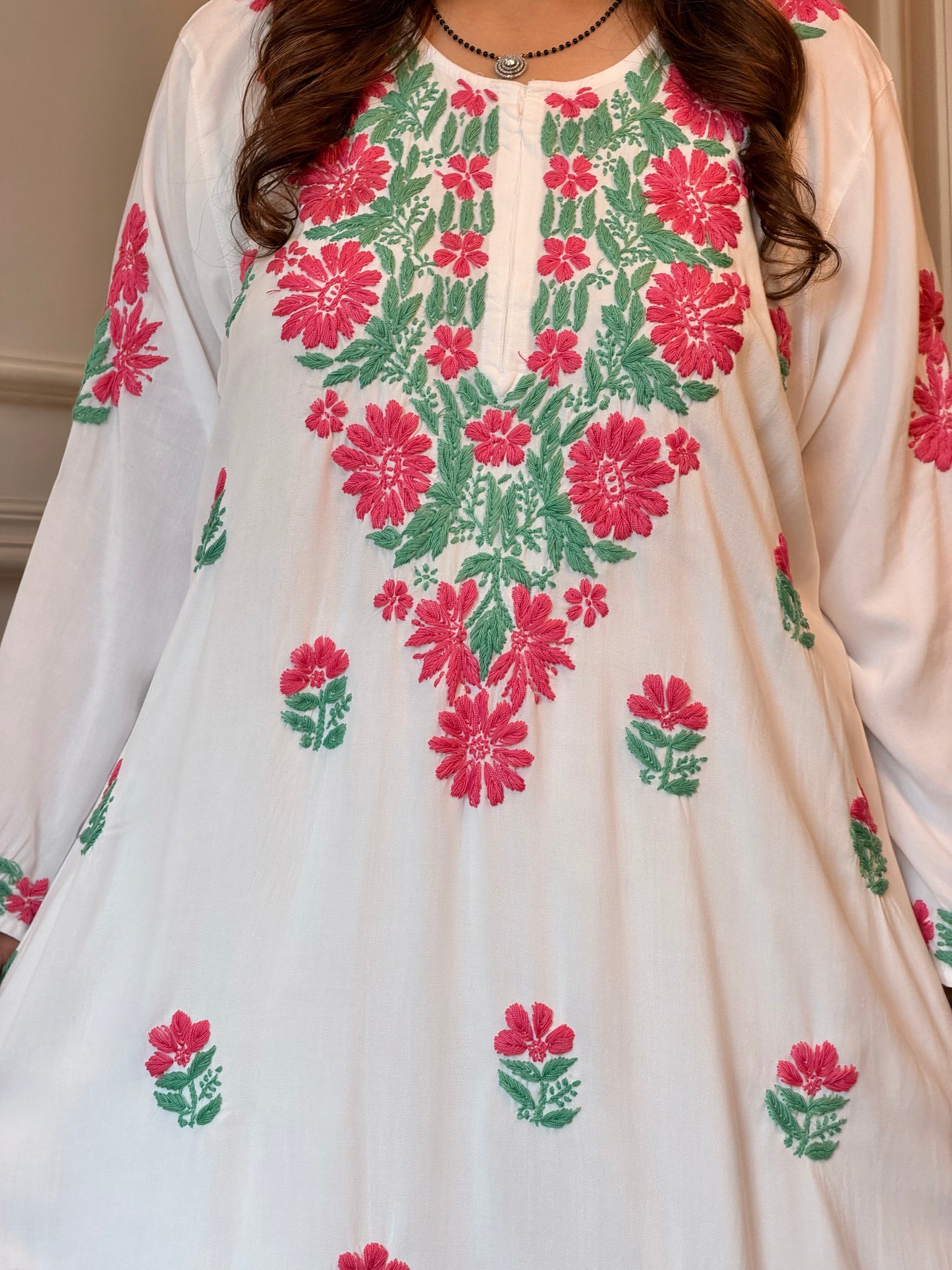 Hand embroidered Chikankari Kurta | Premium Cotton | White with Pink & Green