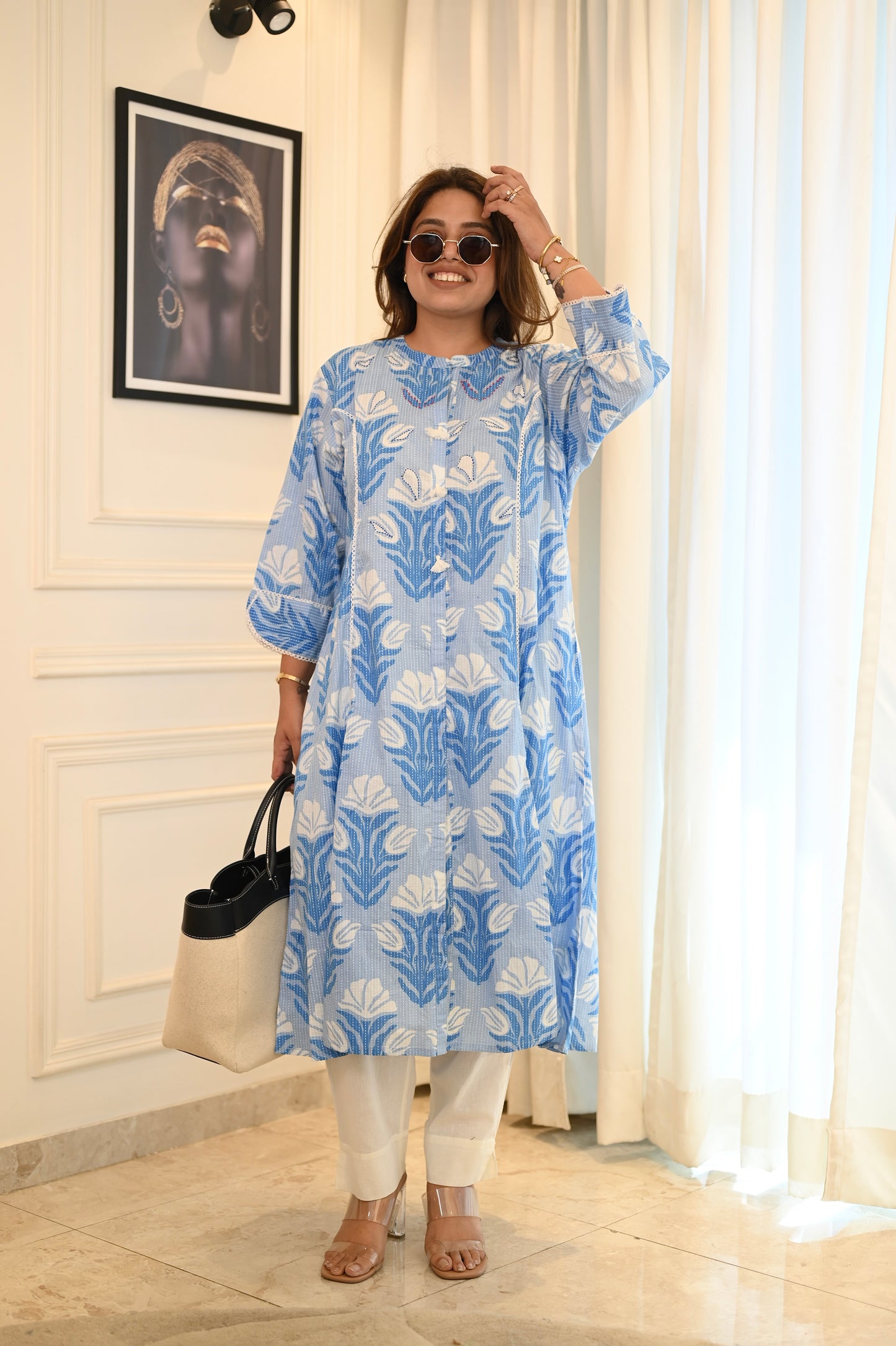 Elegant Sky Blue Printed Plus Size Kurta Set