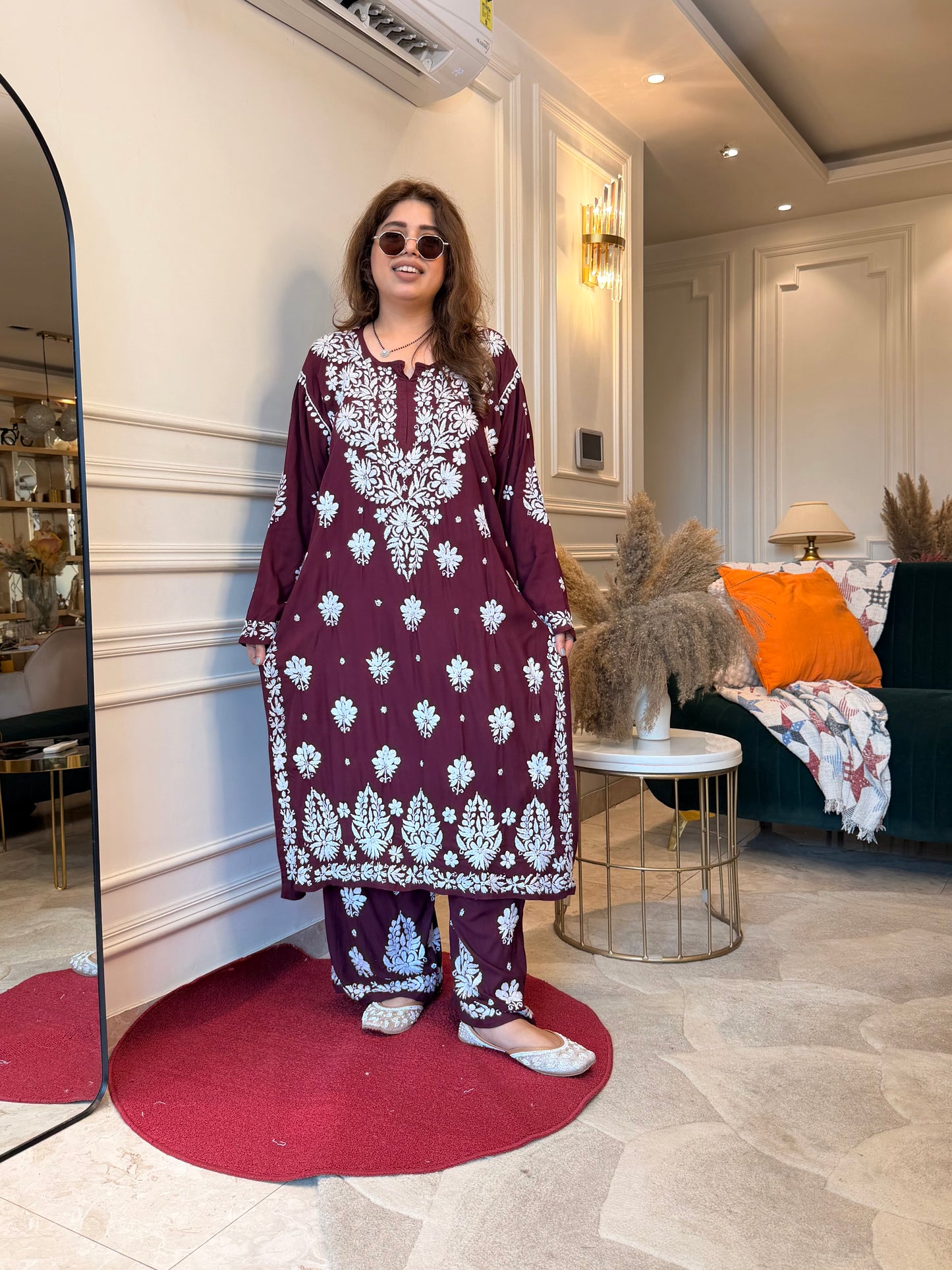 Hand Embroidered Chikankari Kurta set | Premium Modal  | wine