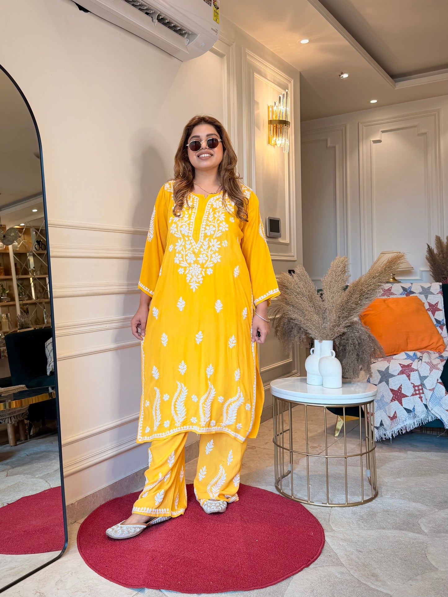 Hand Embroidered Chikankari Kurta set | Modal cotton | Mustard Yellow