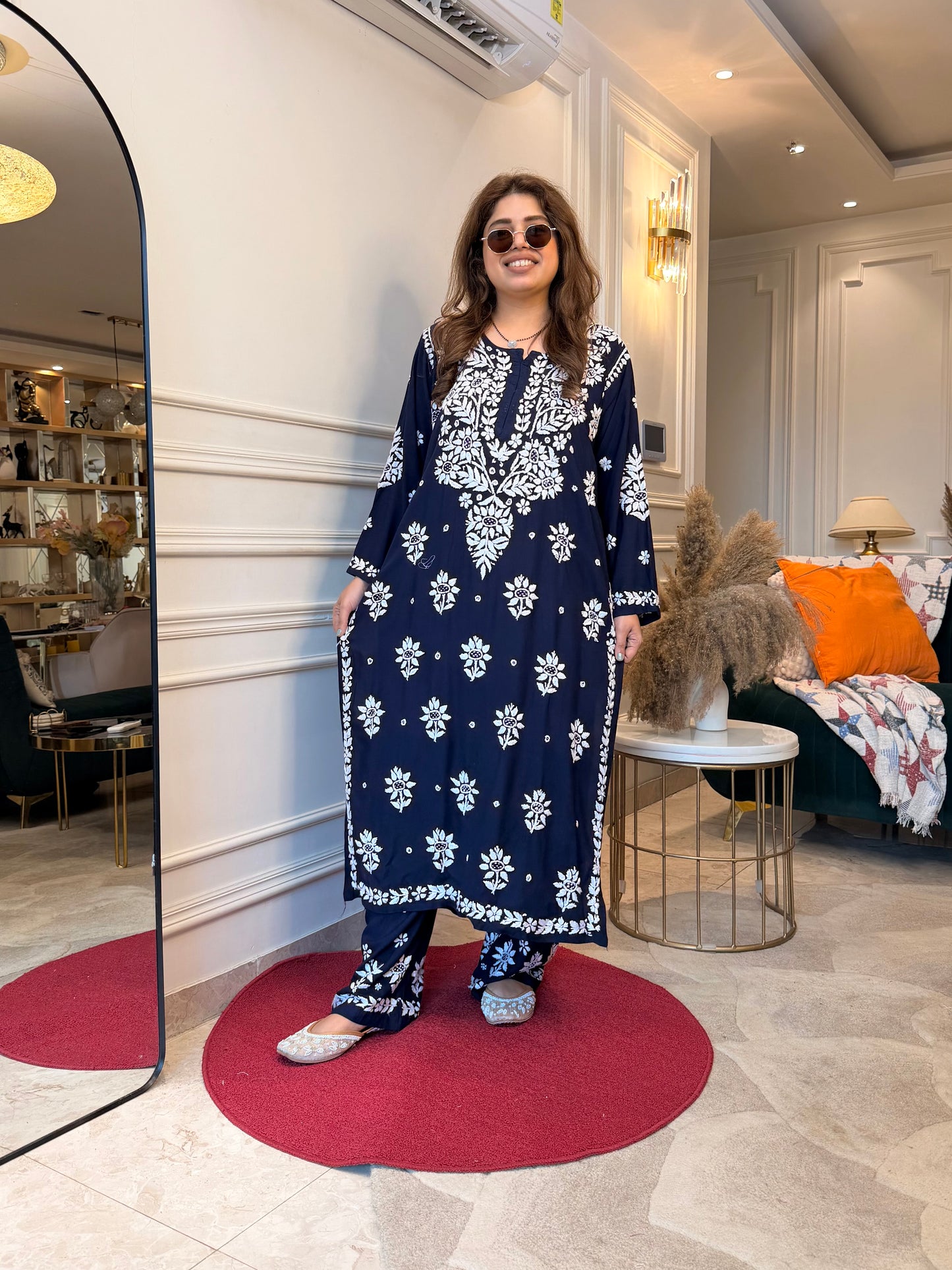 Hand Embroidered 3DChikankari Kurta set | Premium Modal  | Midnight Blue