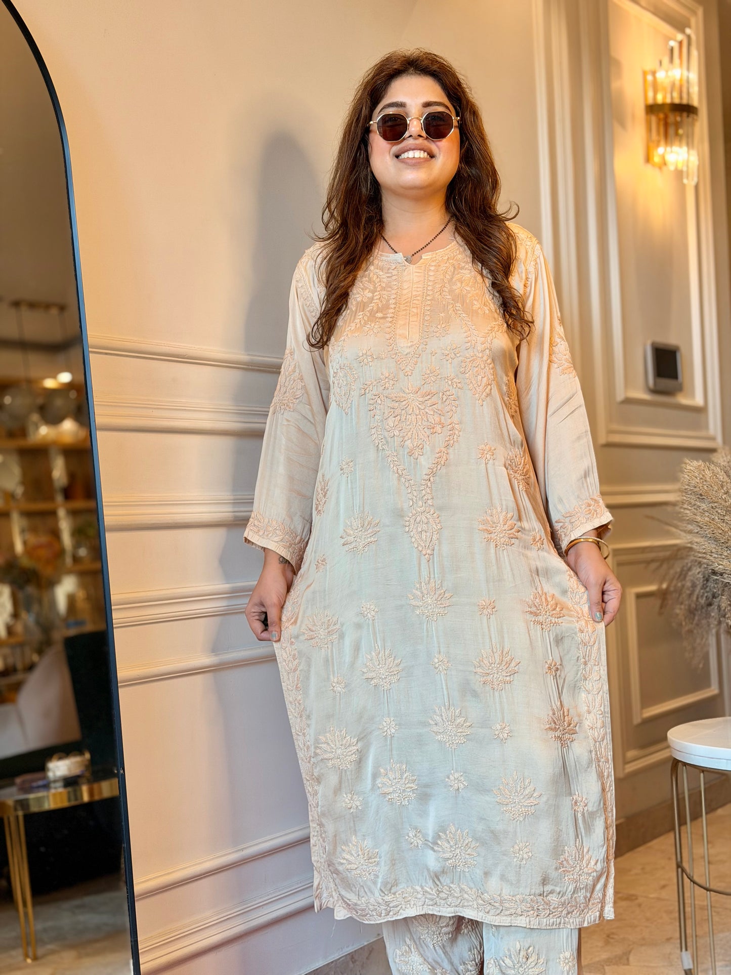 Hand Embroidered Chikankari Kurta set | Modal Satin Silk | Ivory