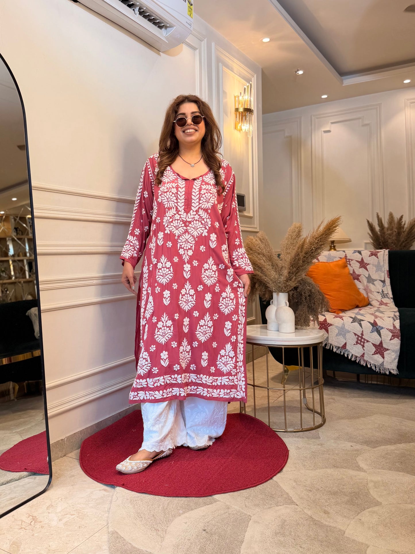 Hand Embroidered 6D Chikankari Kurta | Modal | Sand