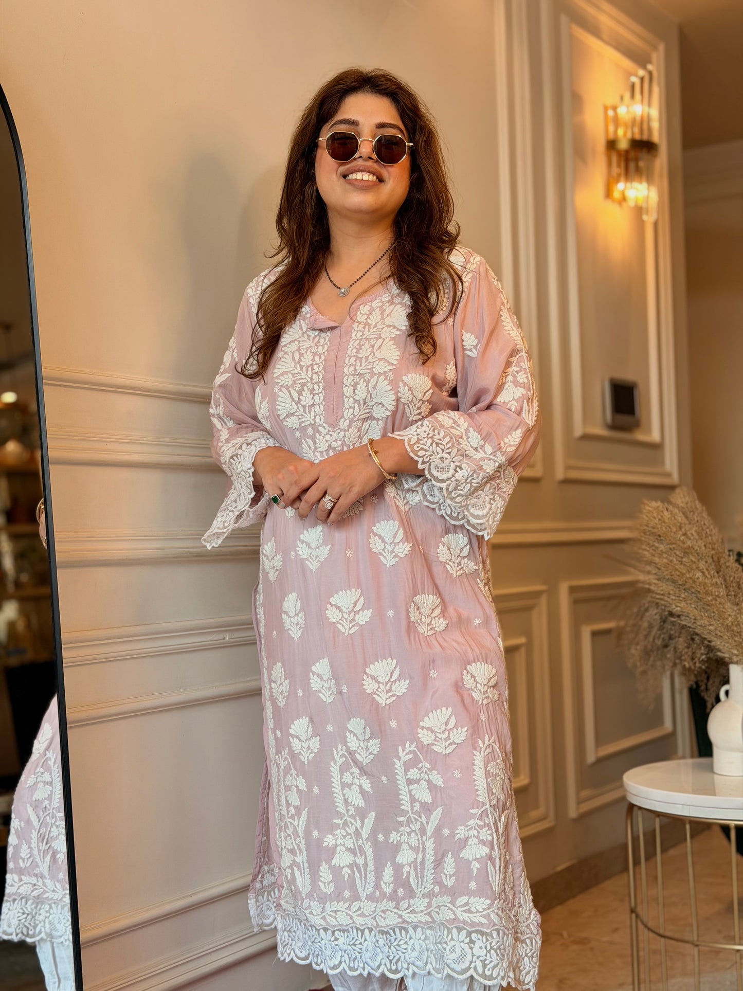 Hand embroidered 6D Chikankari Kurta | Mul Chanderi | Nude Pink