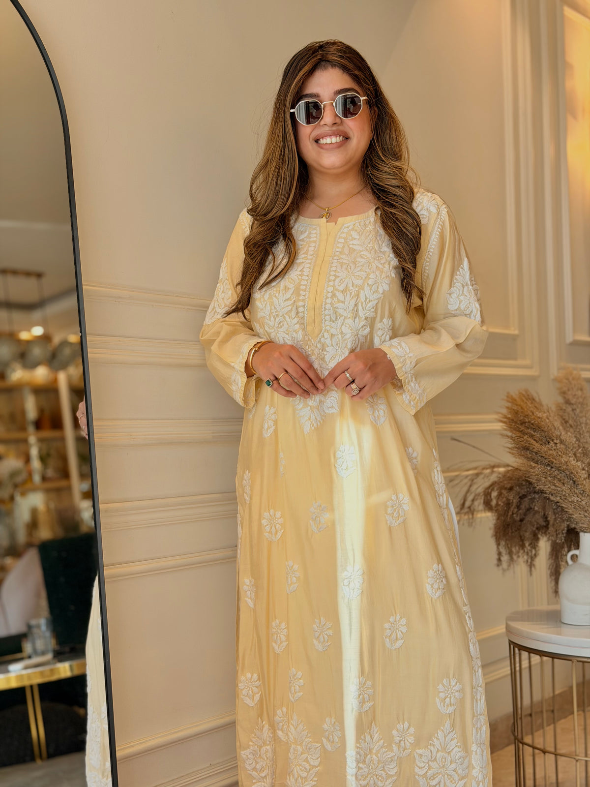 Hand Embroidered 3D Chikankari Kurta | Mul Chanderi | Light Yellow