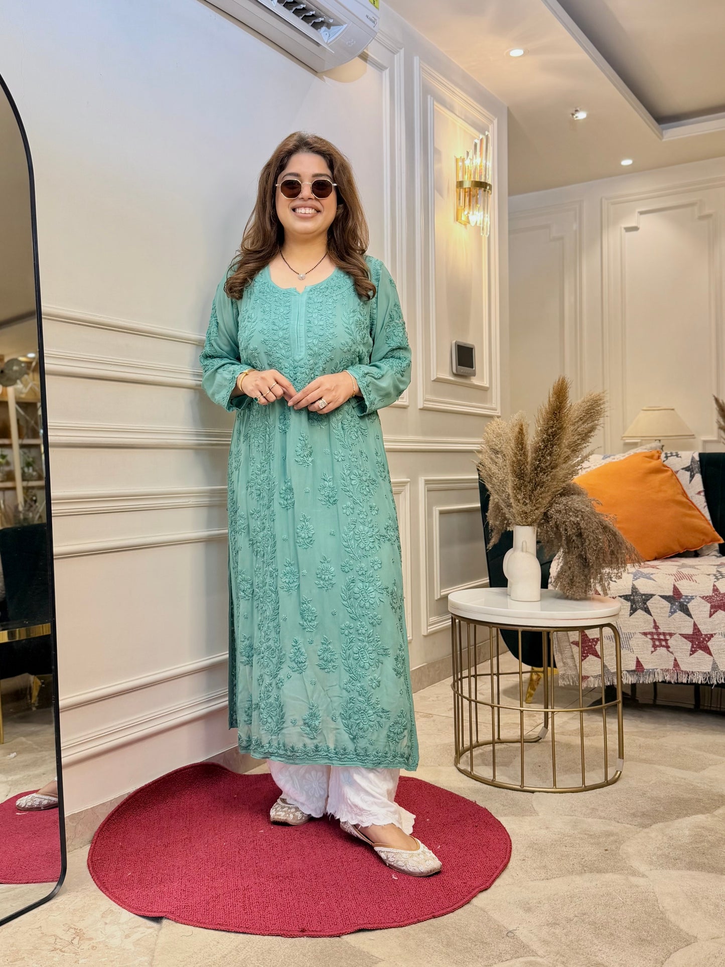 Hand Embroidered 6D Chikankari Kurta  | Premium Viscose | Teal