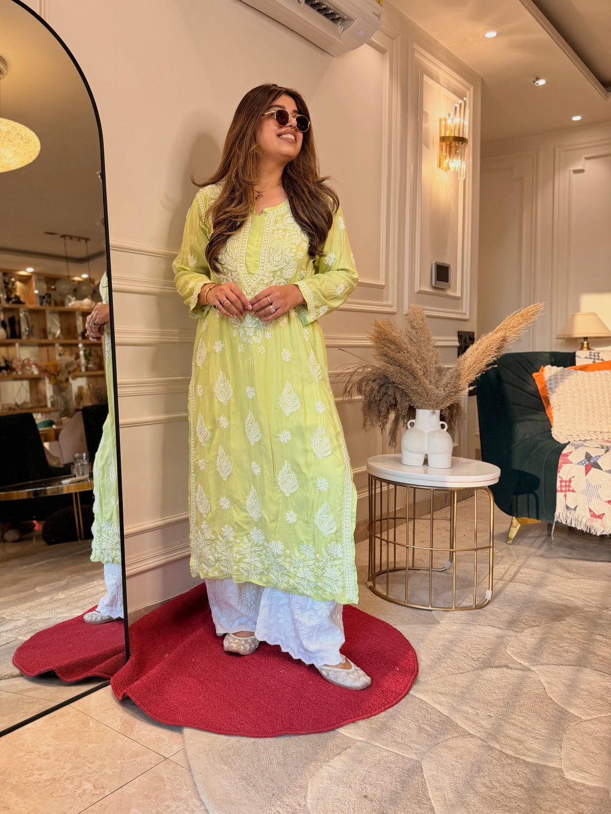 Hand Embroidered 3D Chikankari Kurta | Mul Chanderi | Light Green