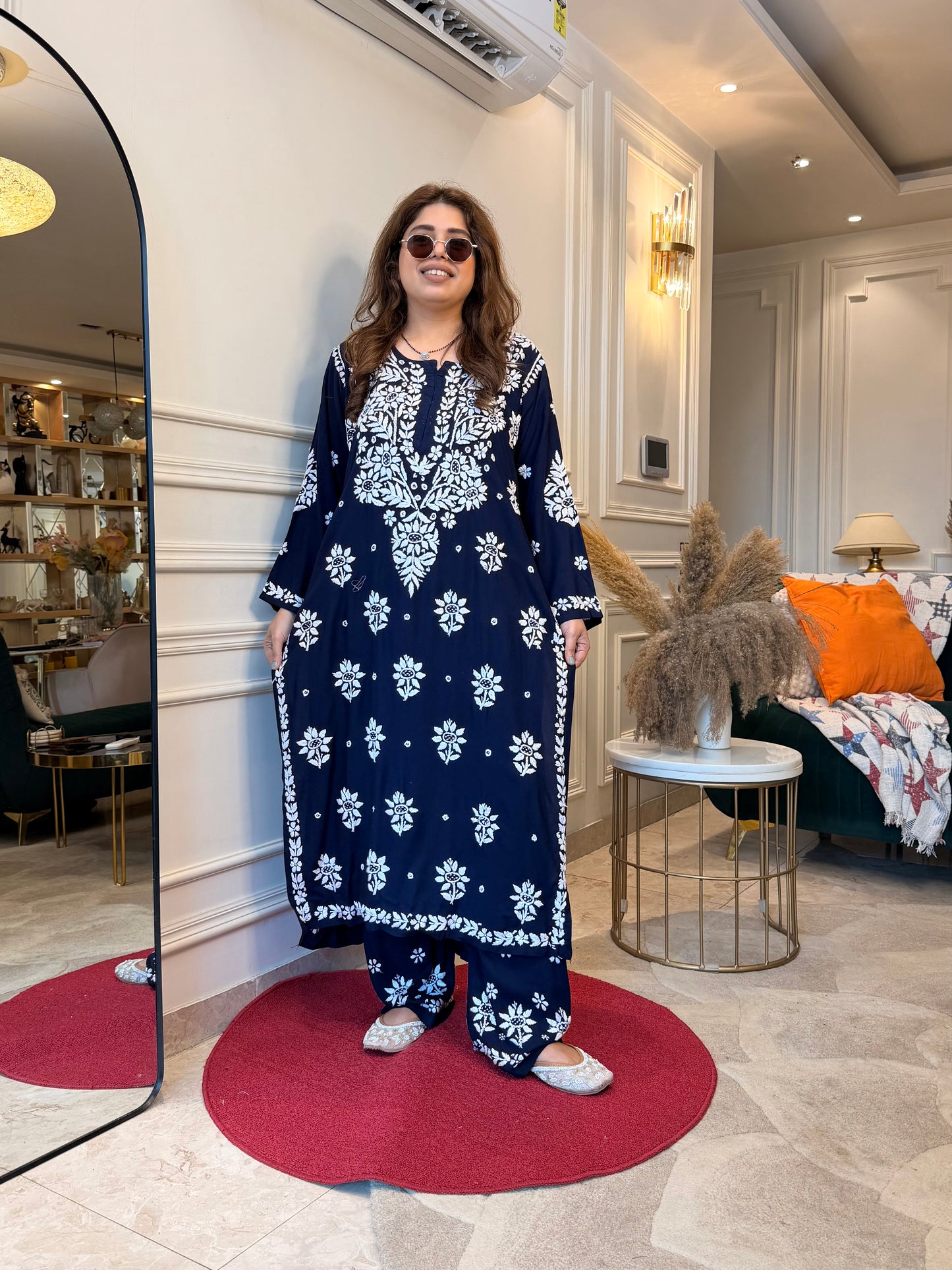Hand Embroidered 3DChikankari Kurta set | Premium Modal  | Midnight Blue