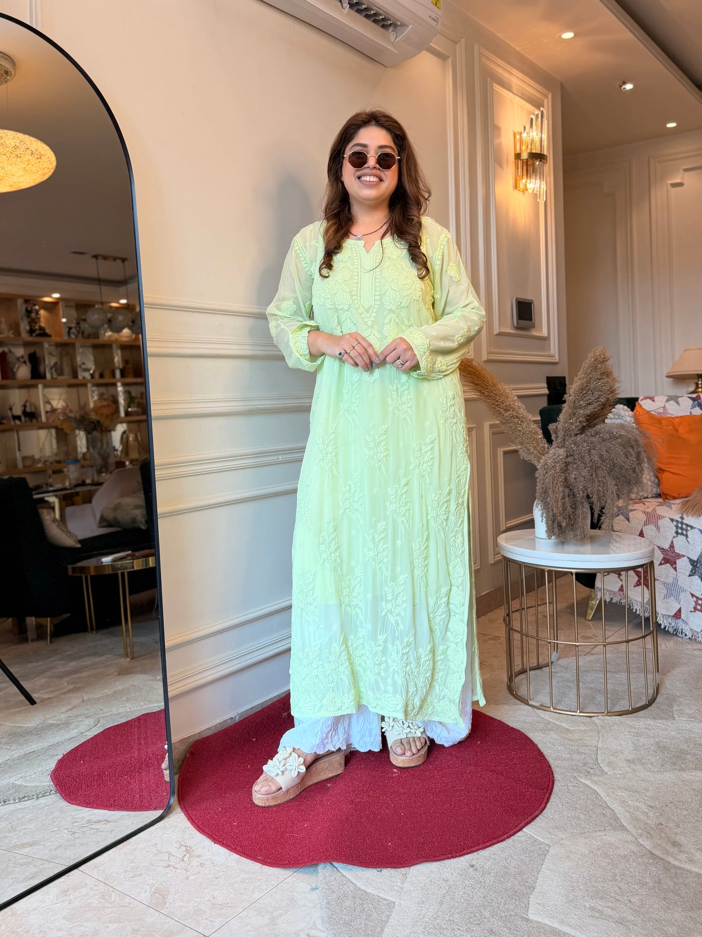 Hand Embroidered 3DChikankari Kurta  | Viscose | Pista Green