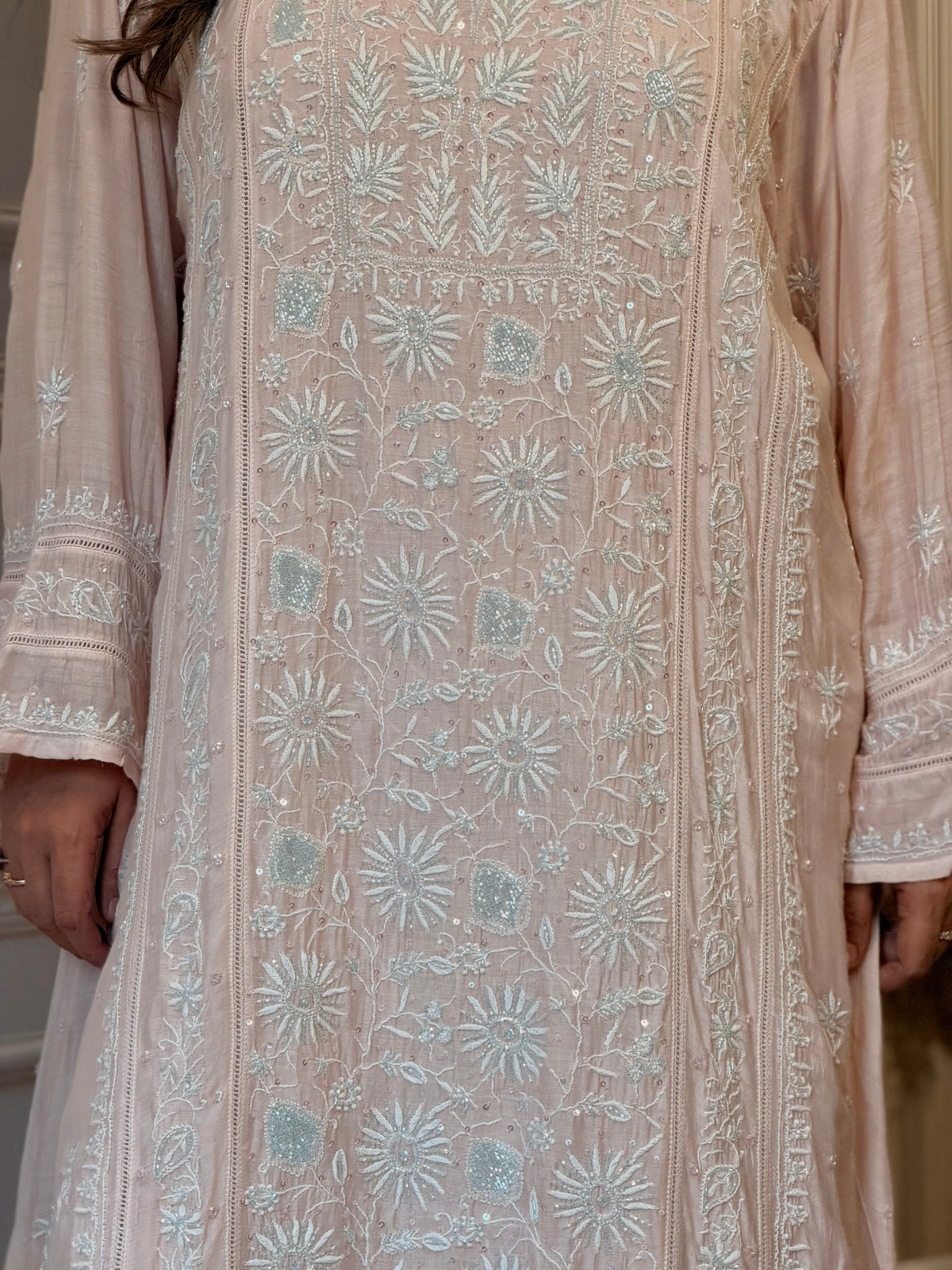 Luxe Hand Embroidered Chikankari Kurta & Duppta | Premium Soft Muslin | Peach Nude