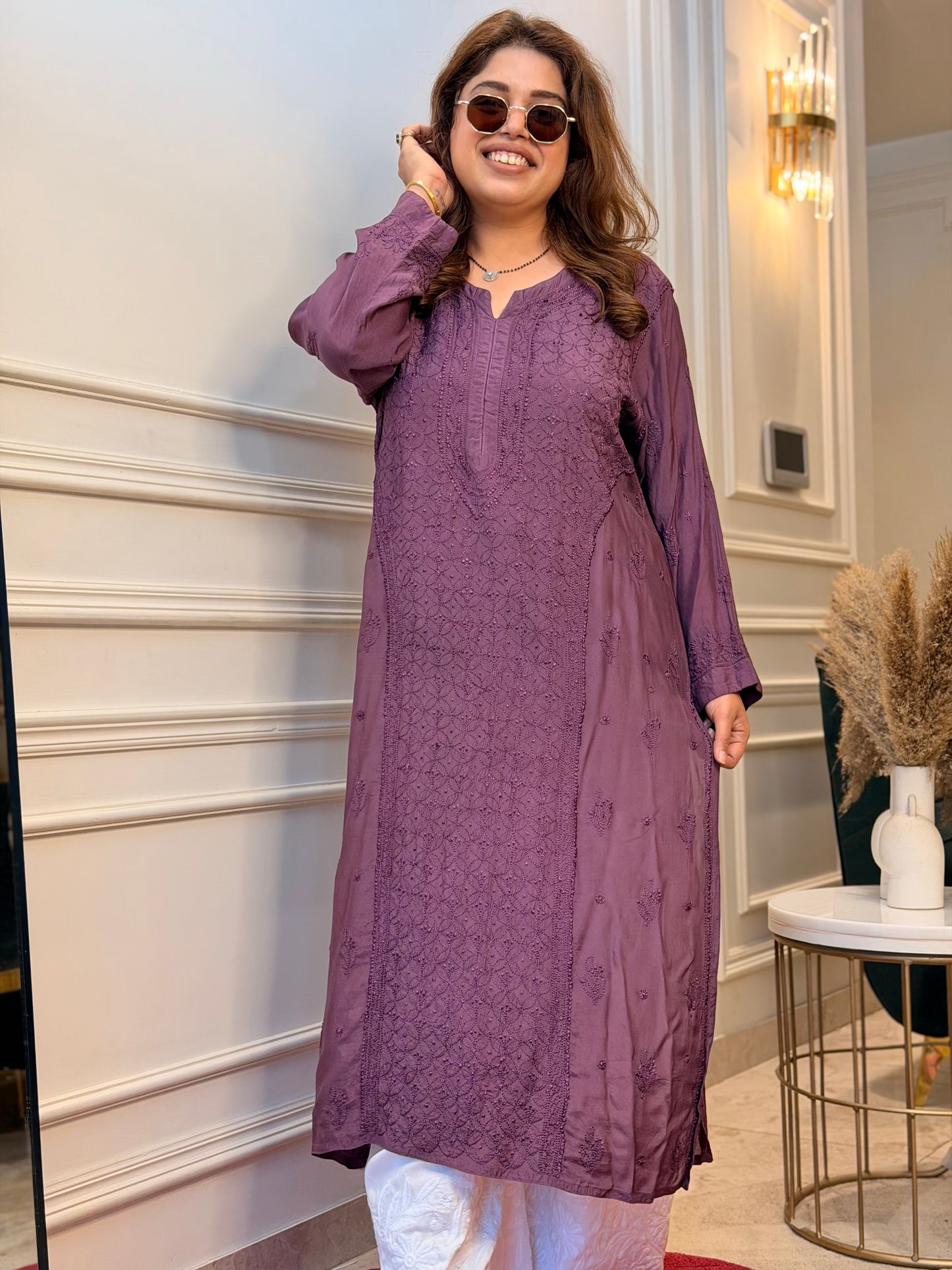 Hand Embroidered Chikankari Kurta  | Premium Muslin | Smoky Mauve