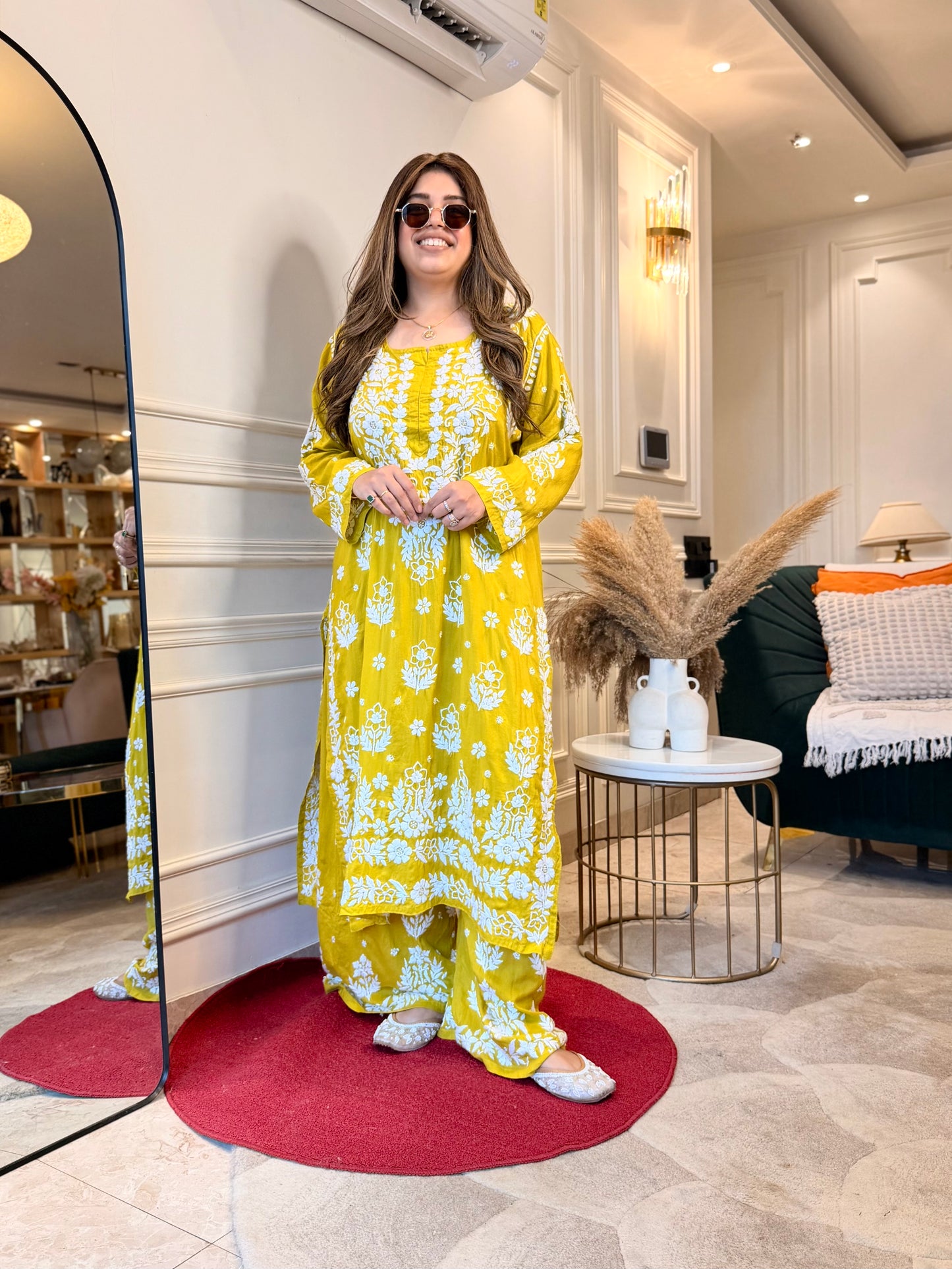 Hand embroidered 3D Chikankari Kurta set | Premium Modal| Olive Green