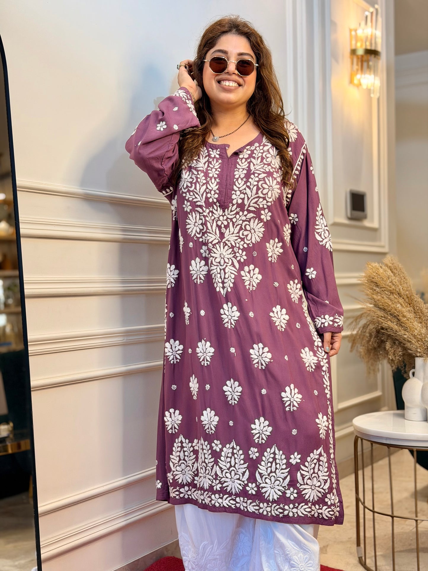 Hand Embroidered Chikankari Kurta set | Modal | Plum Blush