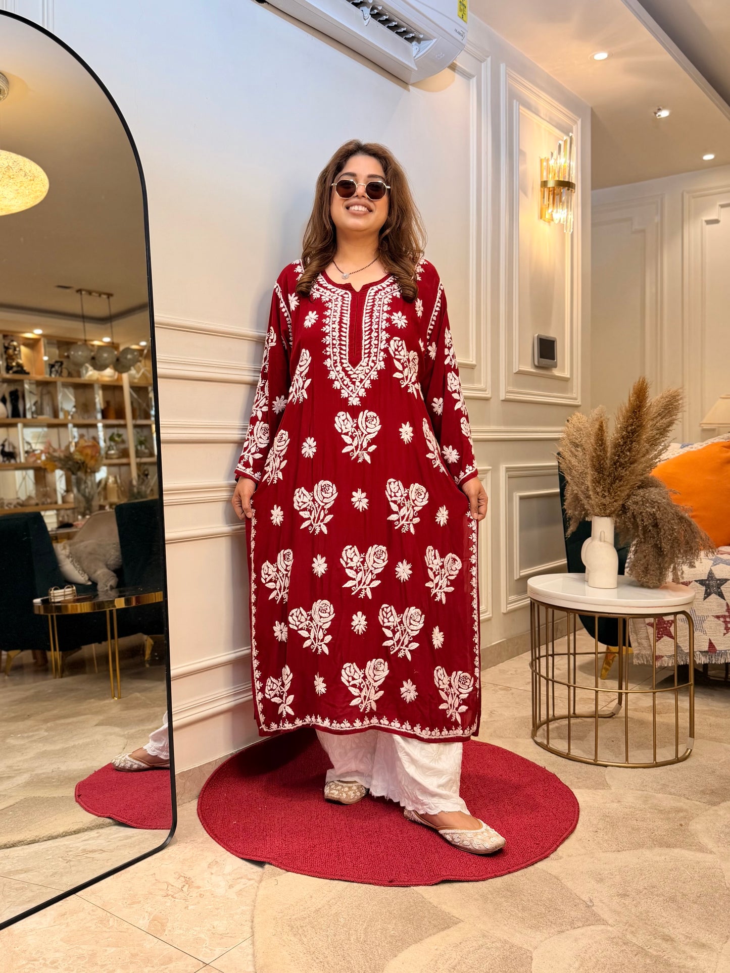 Hand Embroidered 3D Chikankari Kurta | Premium Modal | Mahroon
