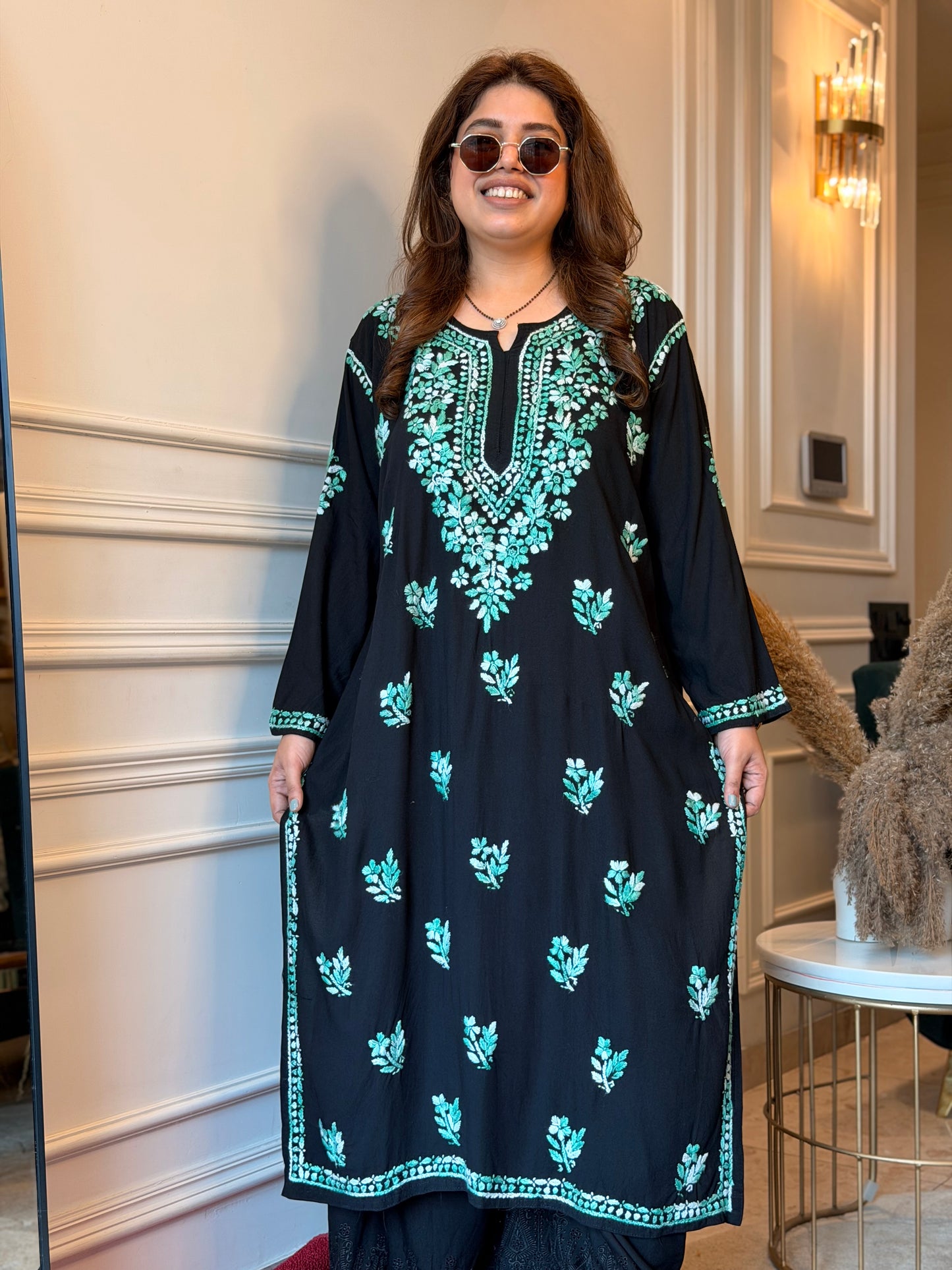 Hand Embroidered Chikankari Kurta  | Premium Cotton | Black with Teal Green