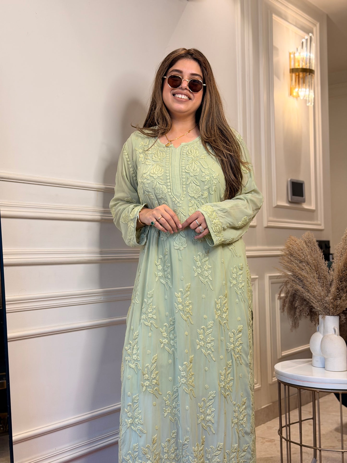 Hand Embroidered 3DChikankari Kurta  | Viscose | Olive Green