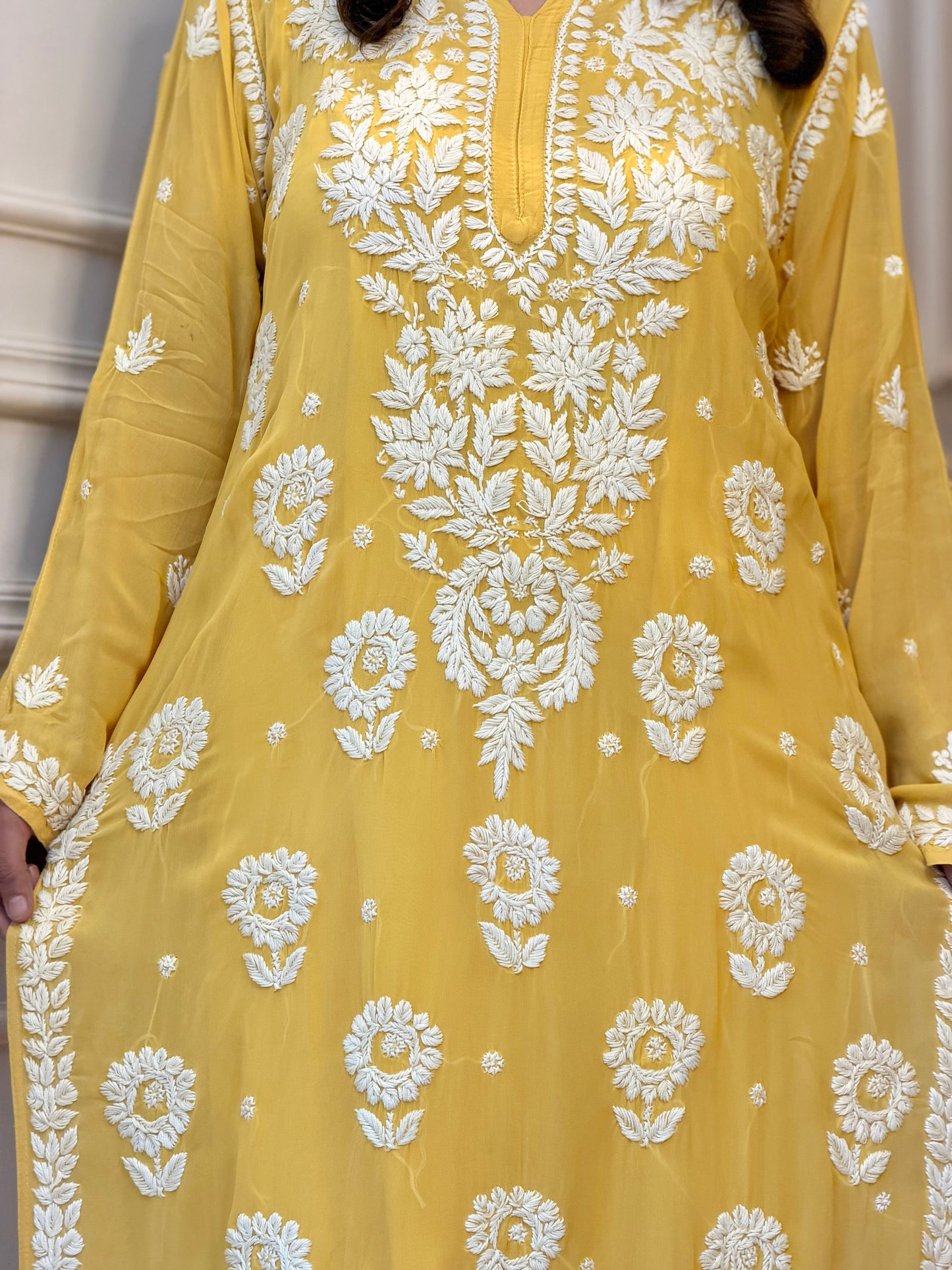 Hand Embroidered 6D Chikankari Kurta  | Premium Viscose | Mustard