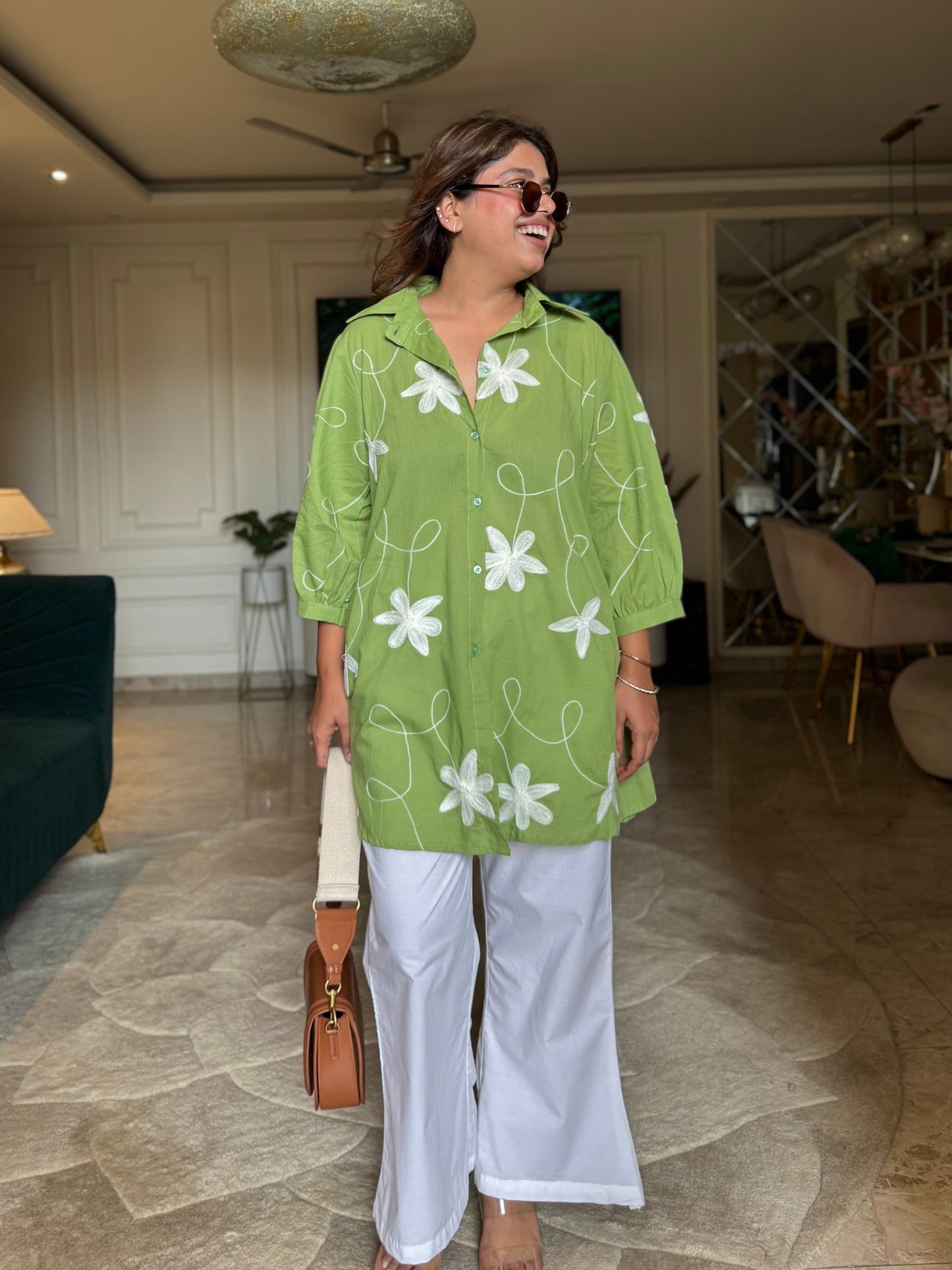 Lime Green Floral Co-ord Shirt Set