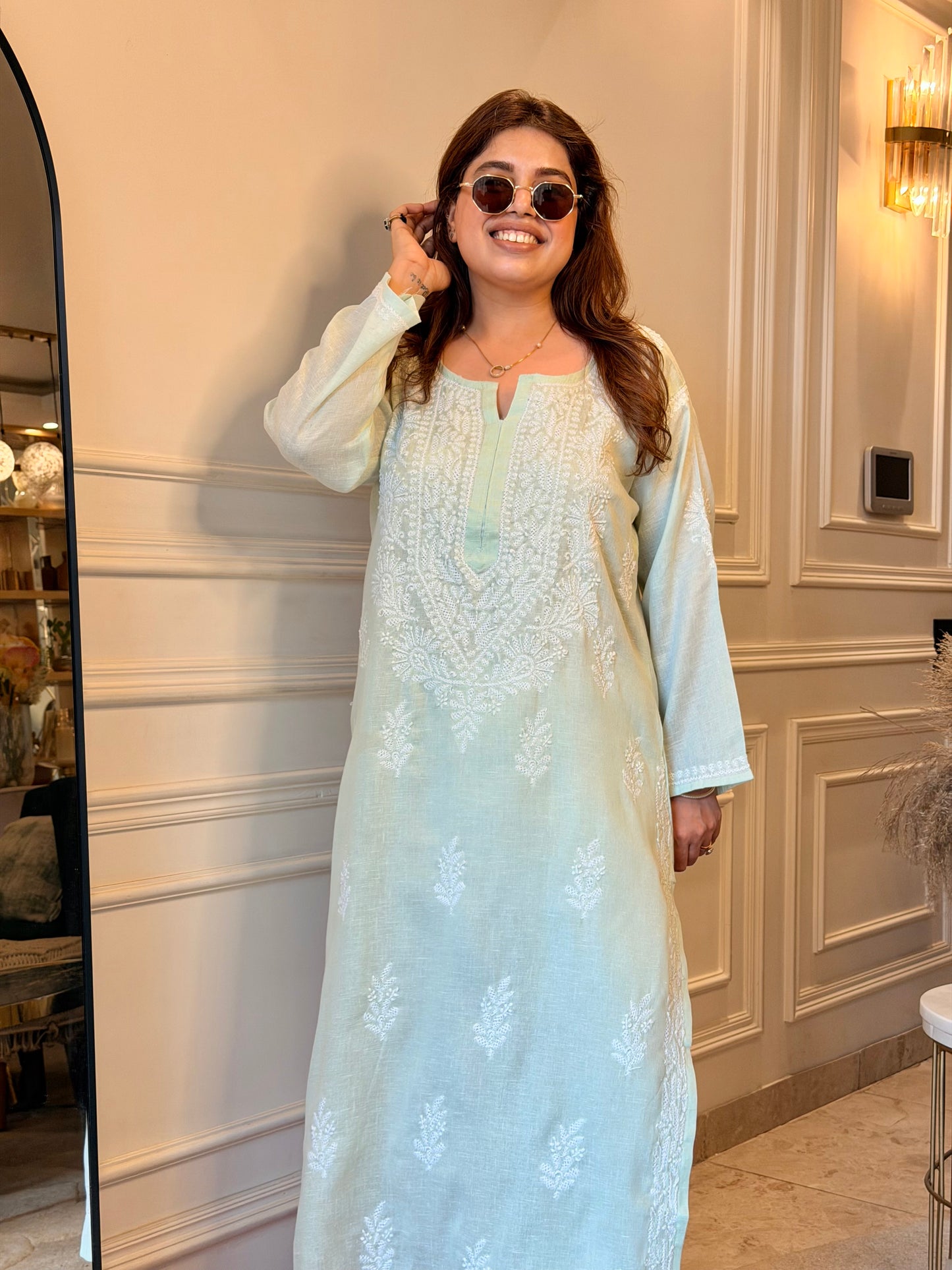 Hand Embroidered Chikankari Kurta | Khadi Cotton | Pistachio