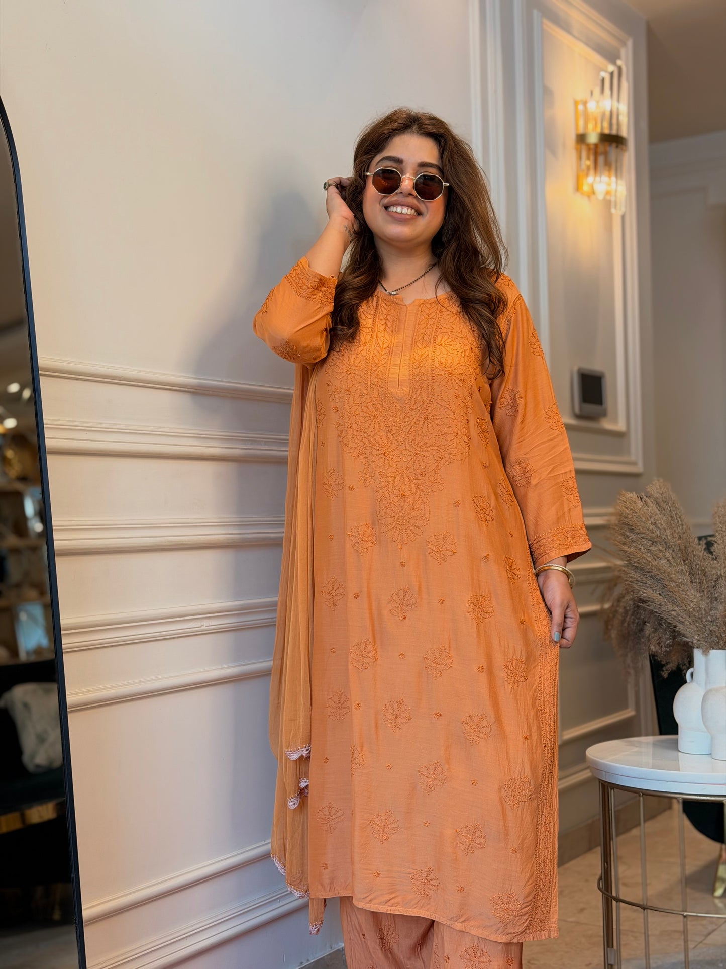 Hand Embroidered Chikankari 3 piece Kurta set | Mul Chanderi | Golden Mustard