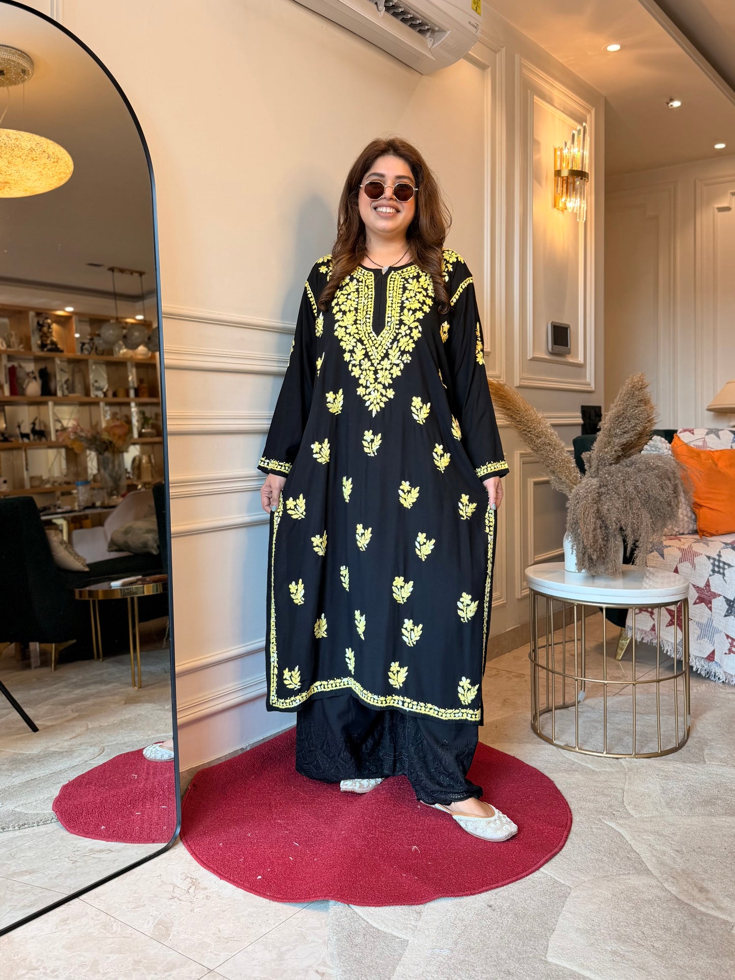 Hand Embroidered Chikankari Kurta  | Premium Cotton |Black with Mustard