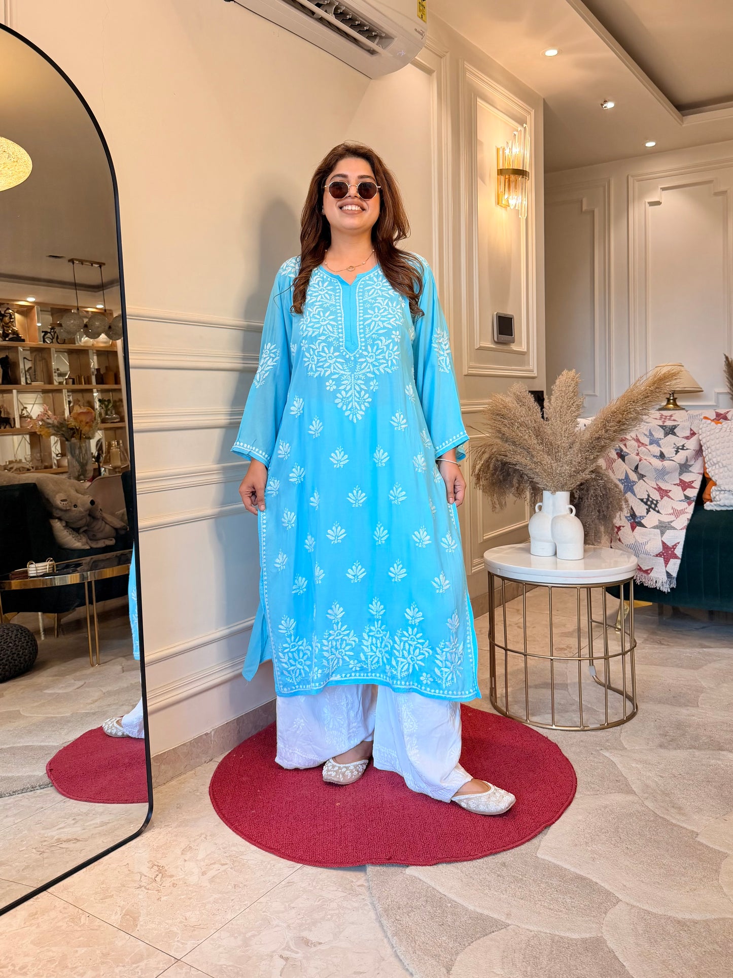 Hand Embroidered Chikankari Kurta | Modal | Turquoise Blue