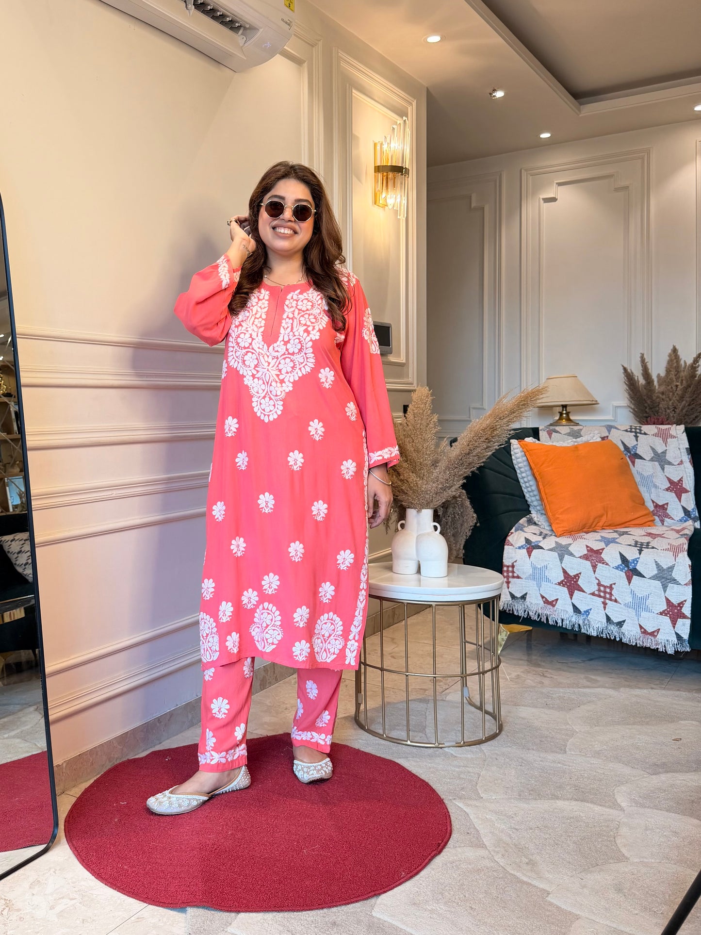 Hand Embroidered Chikankari Kurta set | Modal | Watermelon Pink
