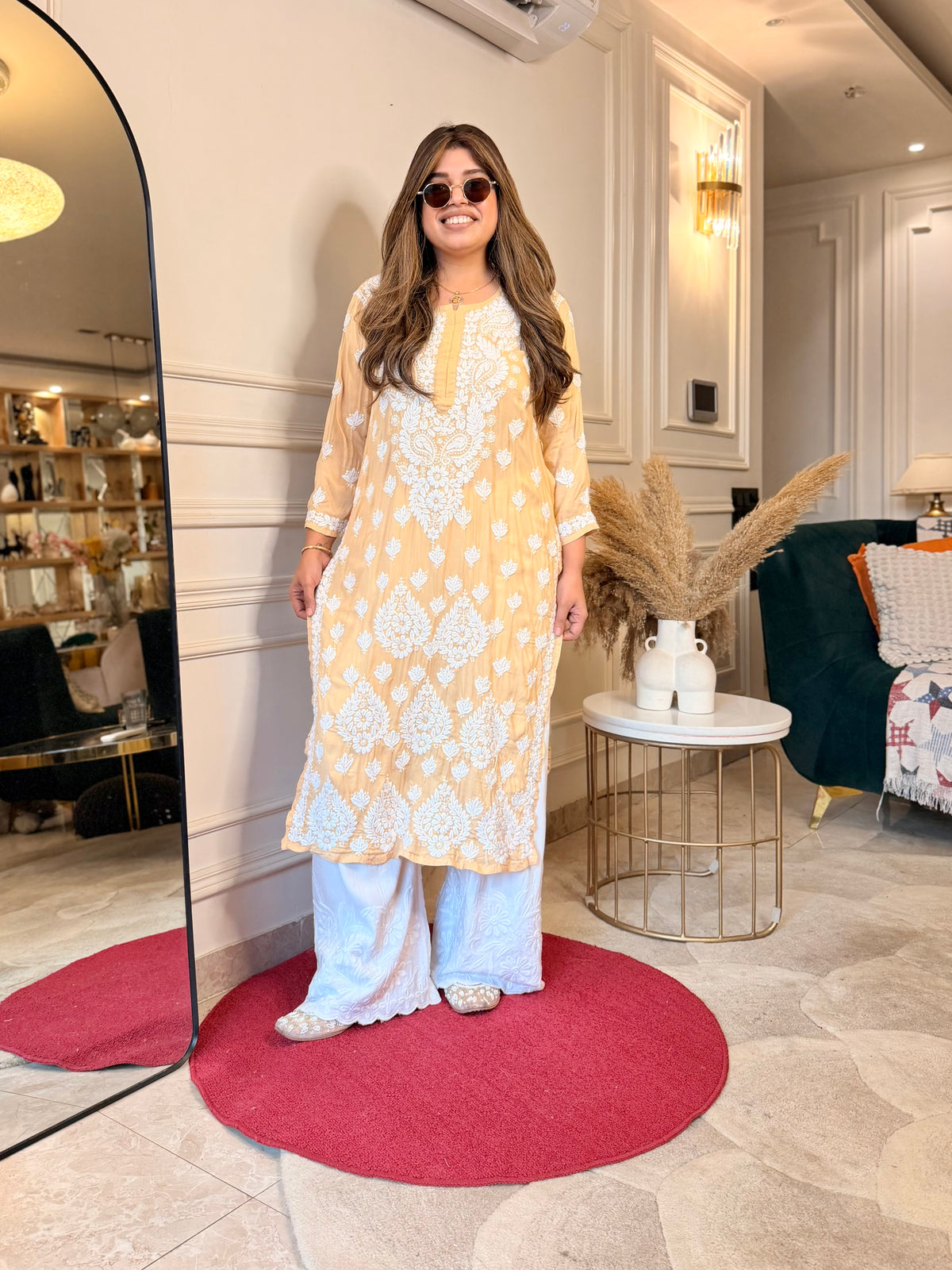 Hand Embroidered 3D Chikankari Kurta | Mul Chanderi | Beige