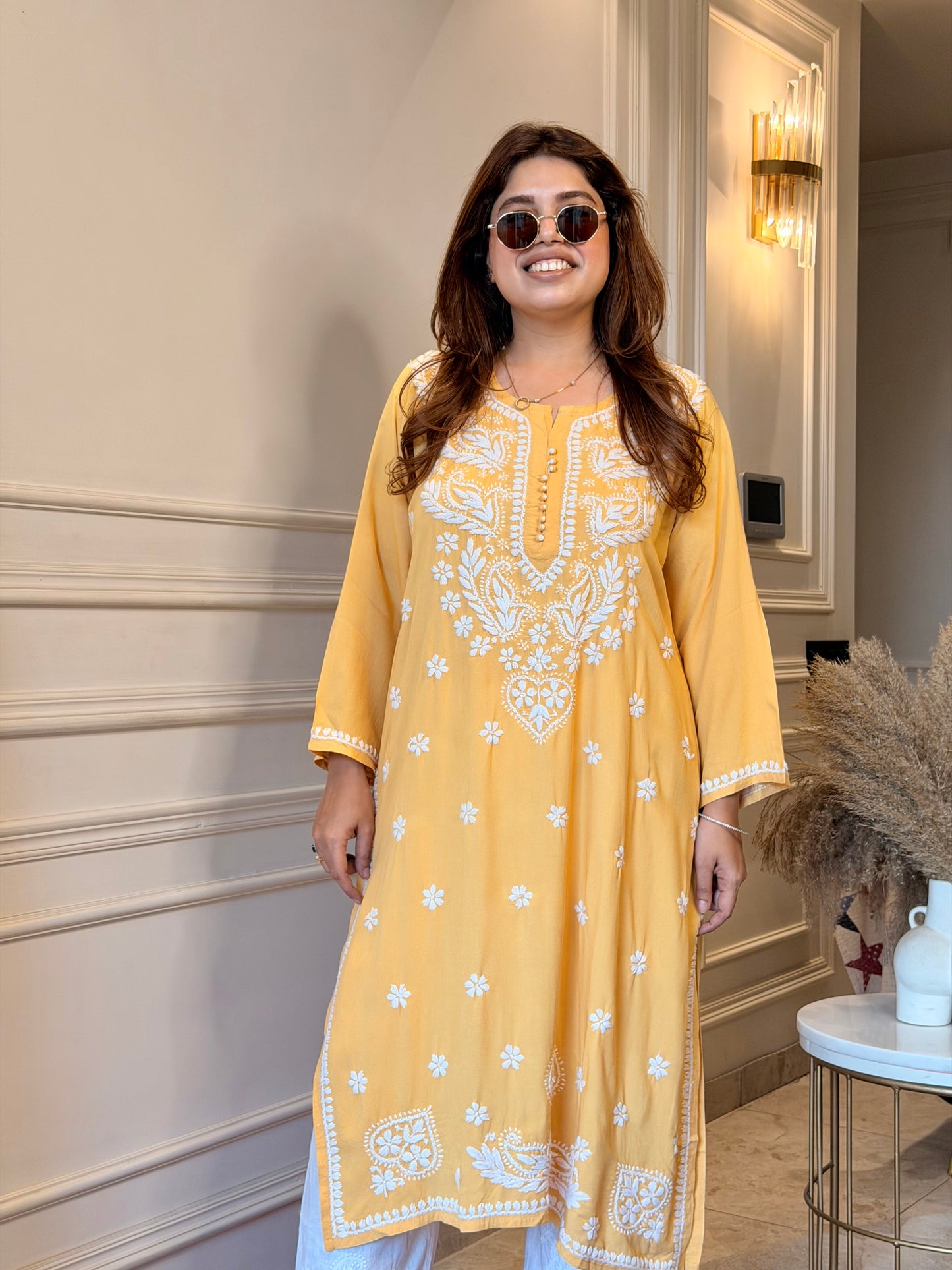 Hand Embroidered Chikankari Kurta | Modal |  Mustard