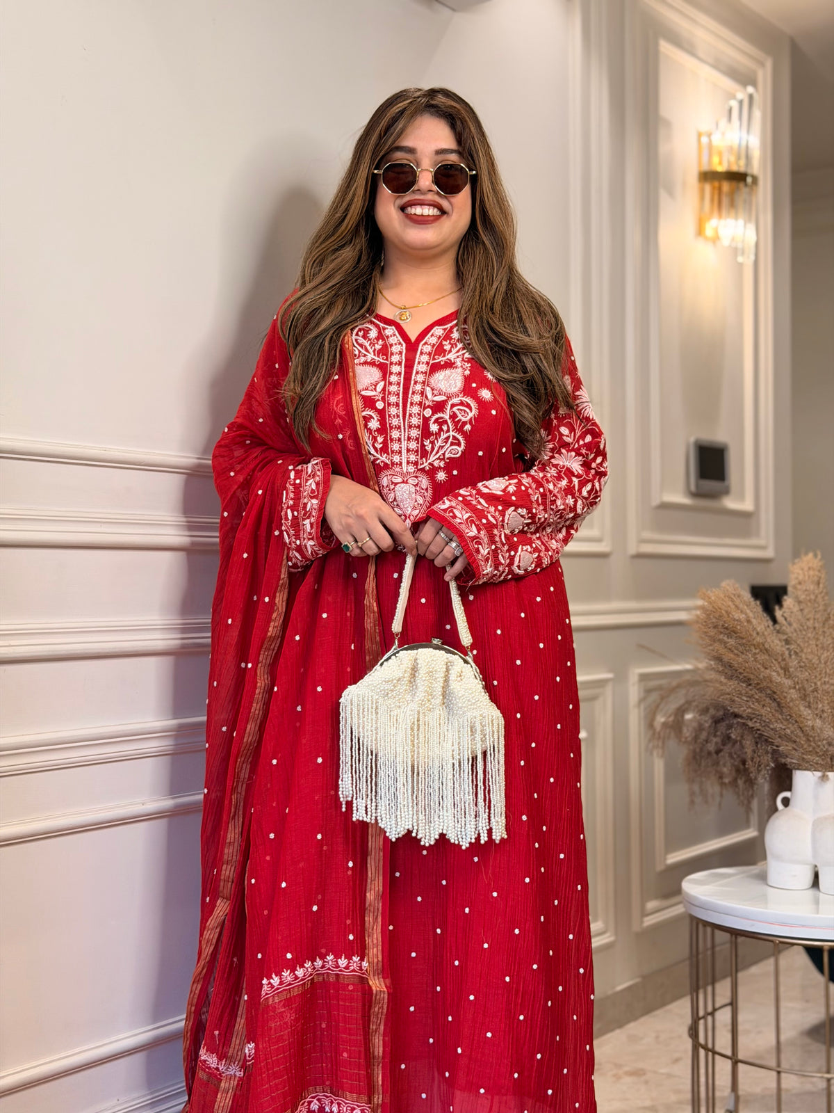 Premium Hand Embroidered Chikankari Kurta & Duppta | Mul Chanderi | Red