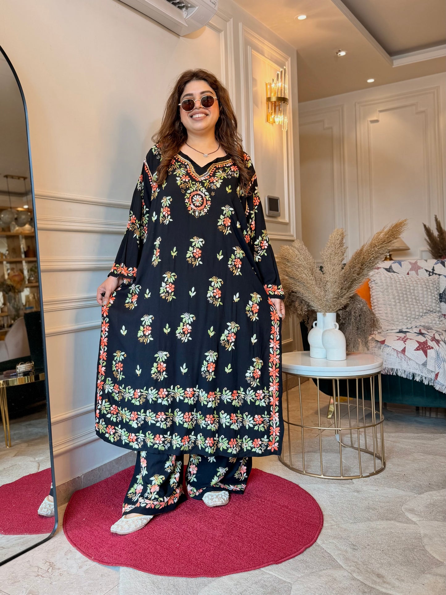Hand Embroidered Chikankari Kurta set | Modal  | Black with Orange