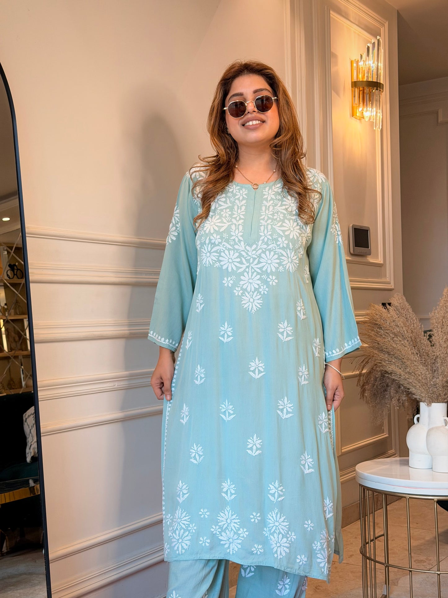 Hand Embroidered Chikankari Kurta set | Modal cotton | Mint sage