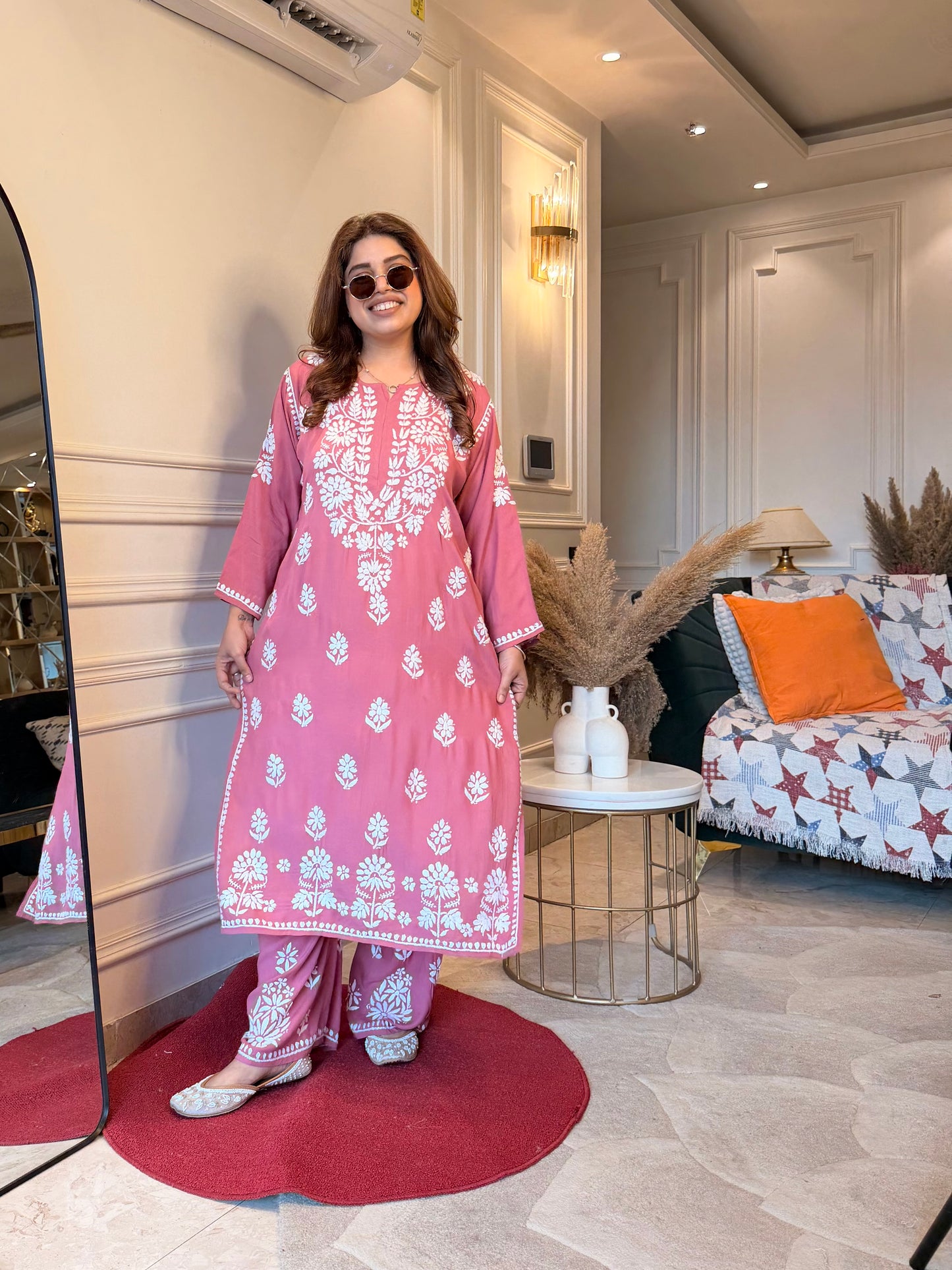 Hand Embroidered Chikankari Kurta set | Modal | Peach Blossom