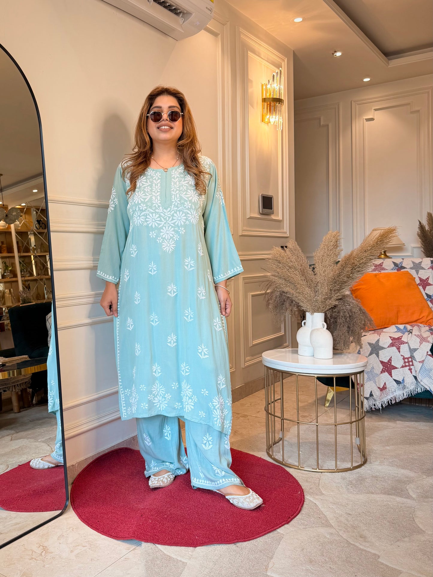 Hand Embroidered Chikankari Kurta set | Modal cotton | Mint sage
