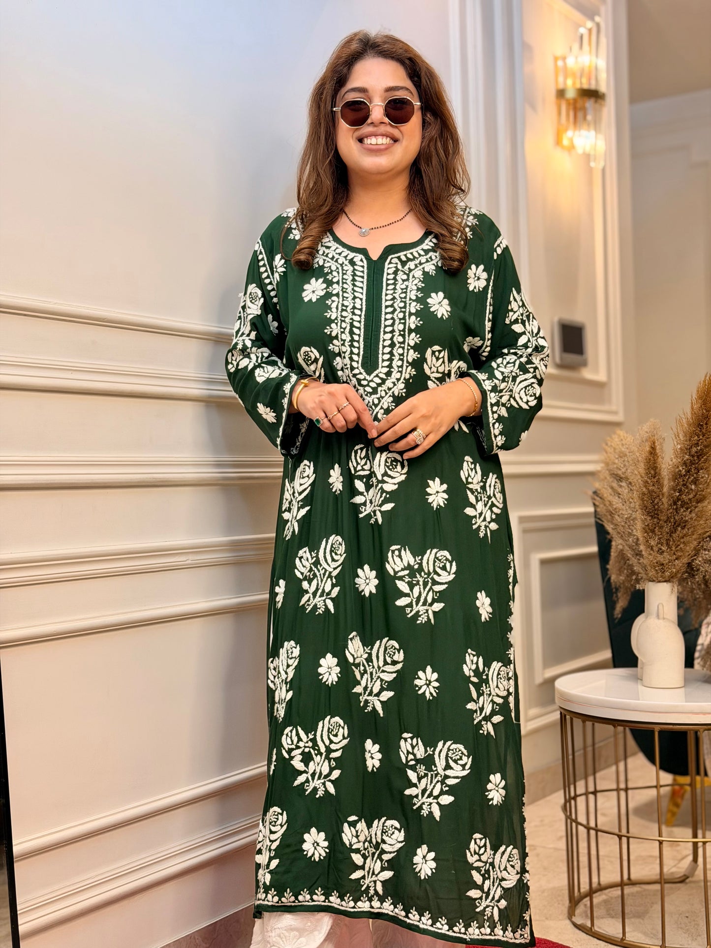 Hand Embroidered 3D Chikankari Kurta | Premium Modal | Emerald