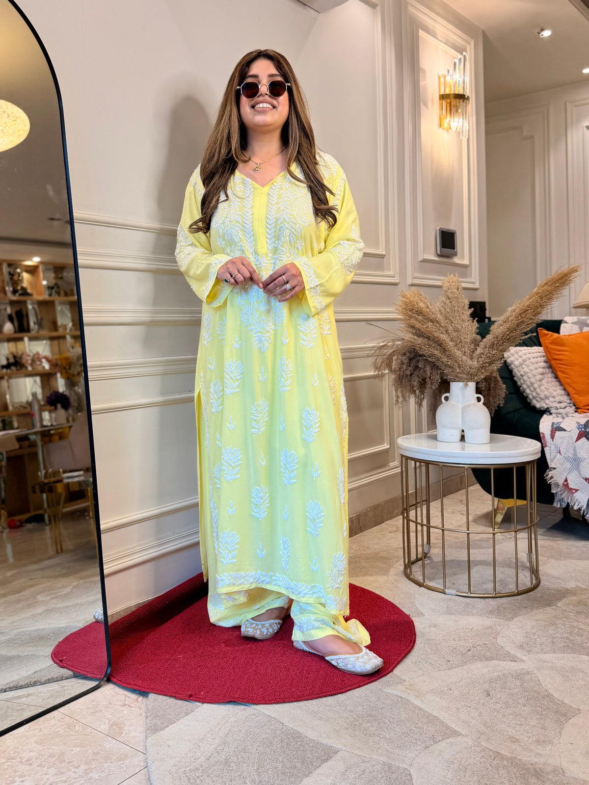 3d Hand Embroidered Chikankari Kurta set | Premium Modal | Lemon Yellow