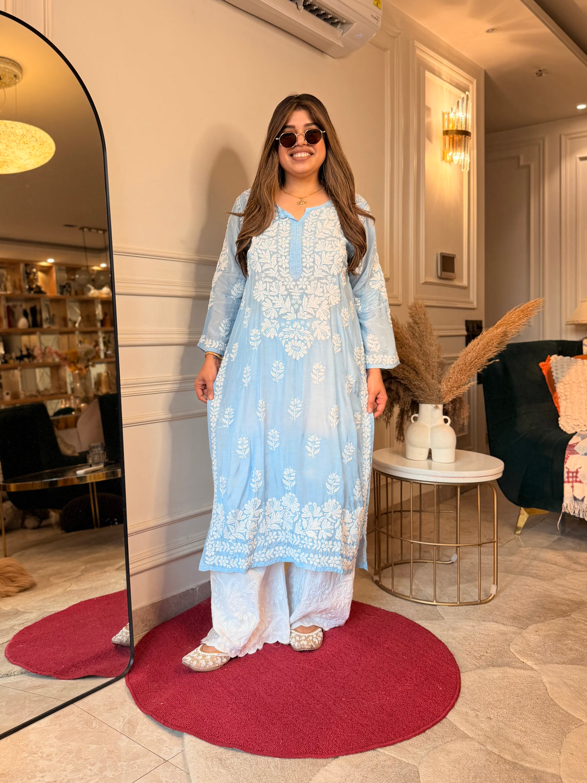 Hand Embroidered 3D Chikankari Kurta | Mul Chanderi | Sky Blue
