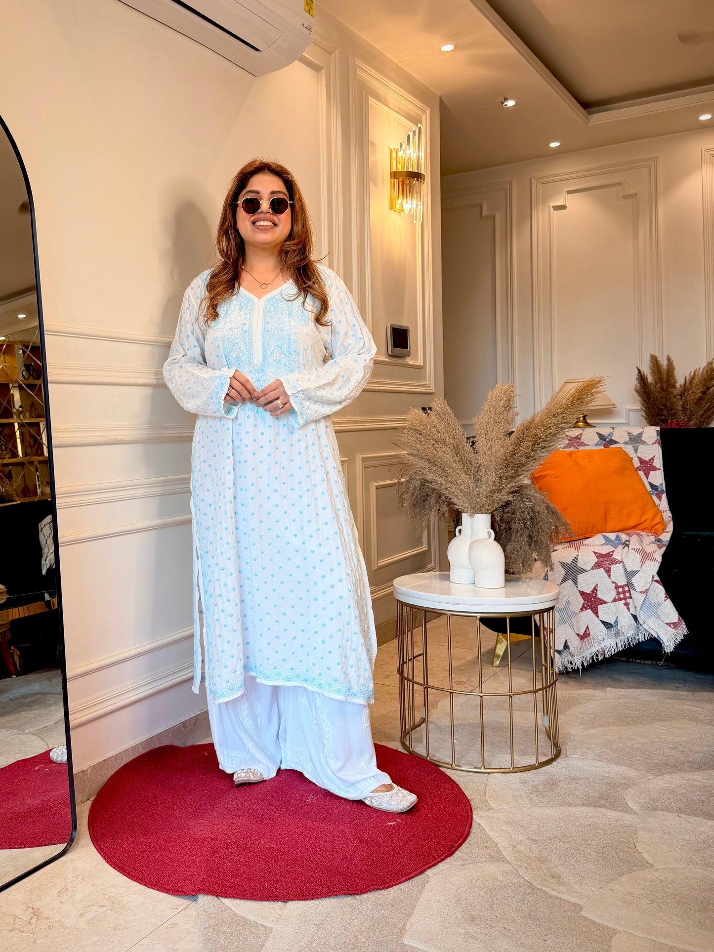 Hand Embroidered Chikankari Kurta  | Mul Chanderi | white with Blue| Plus Size
