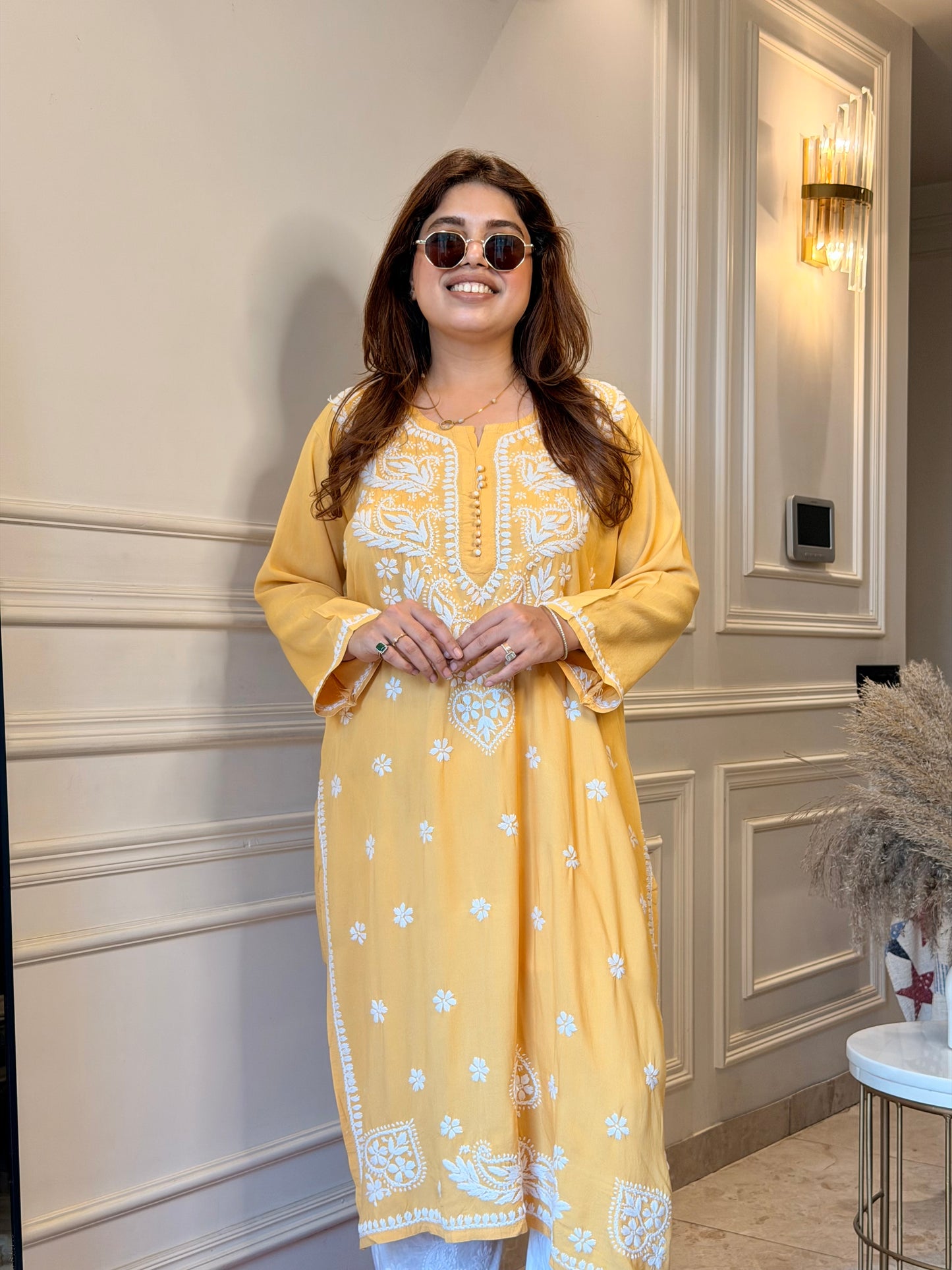 Hand Embroidered Chikankari Kurta | Modal |  Mustard