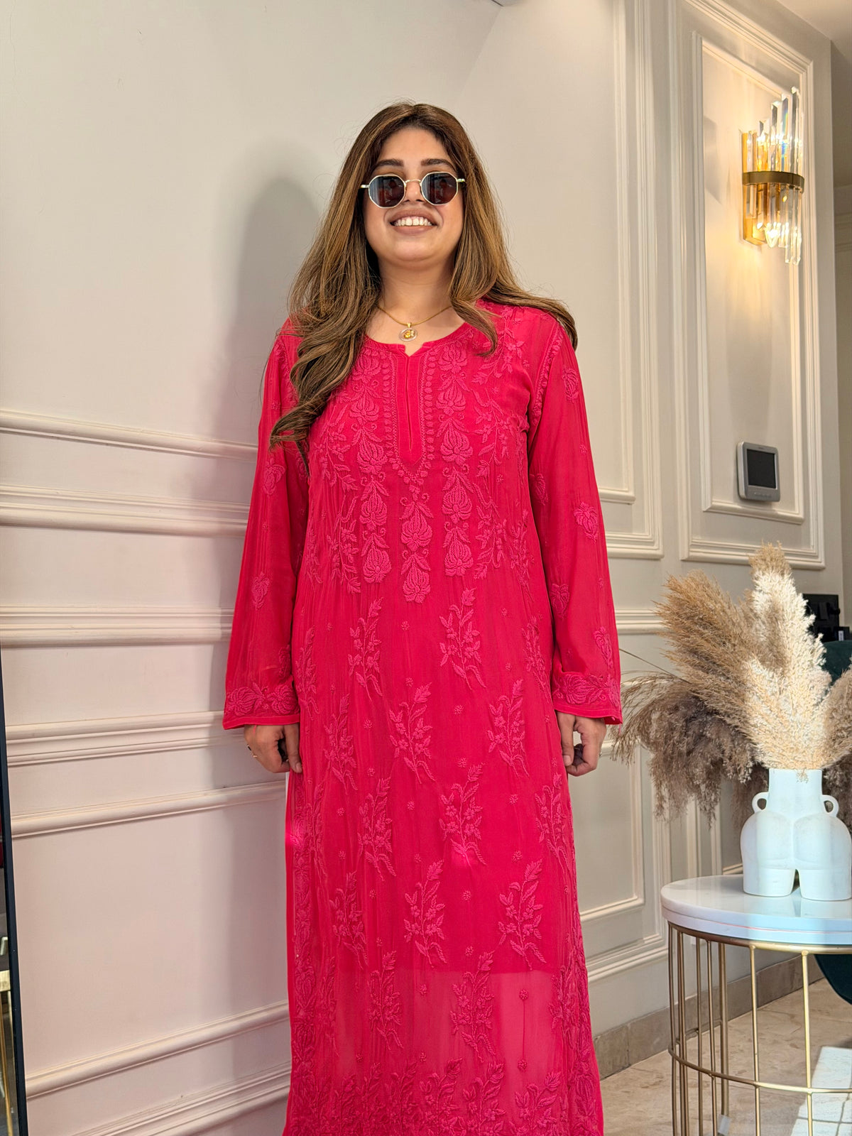 Hand Embroidered 3DChikankari Kurta  | Viscose | Hot Pink