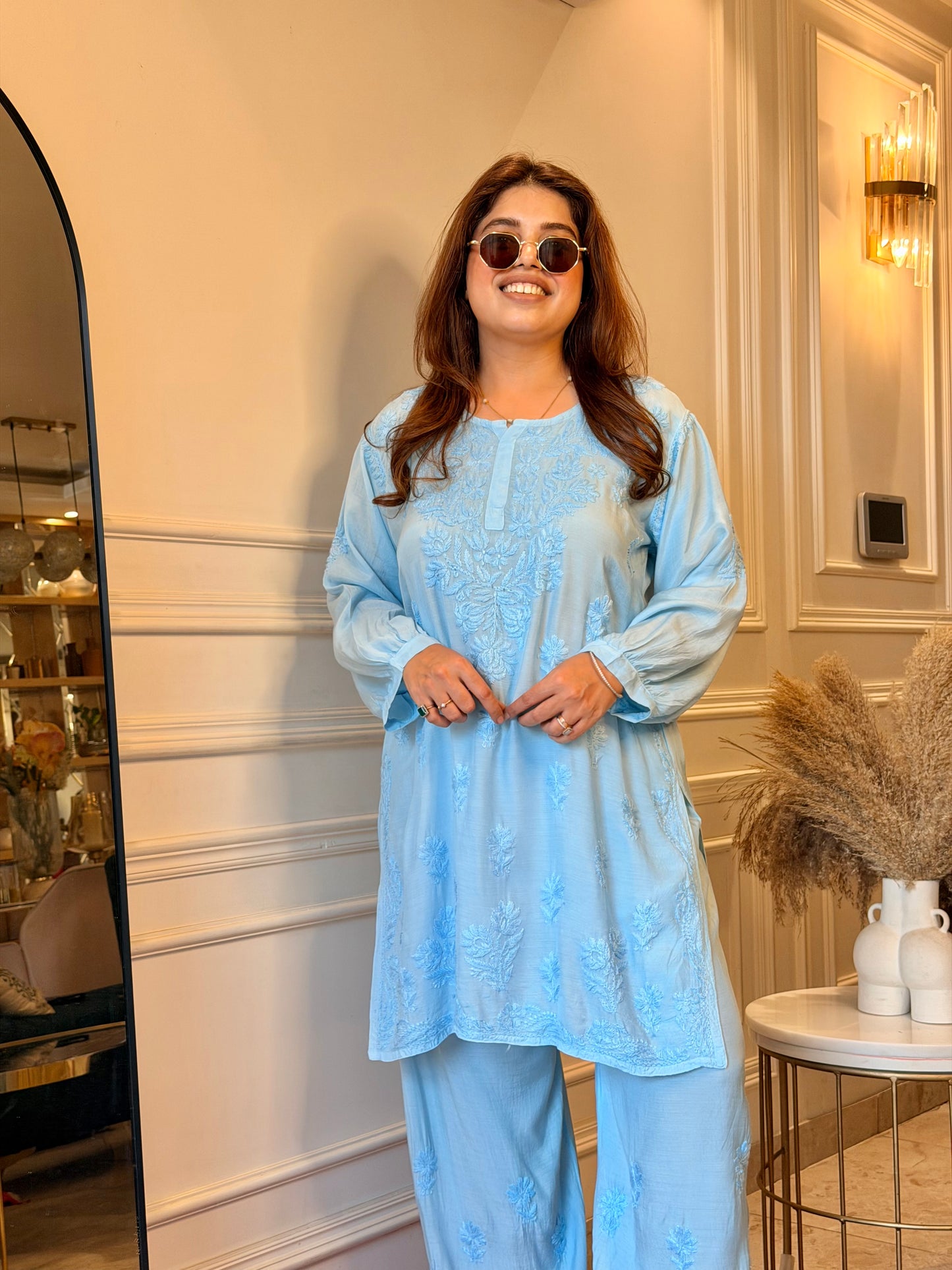 Hand Embroidered Chikankari Cordset | Muslin | Powder Blue