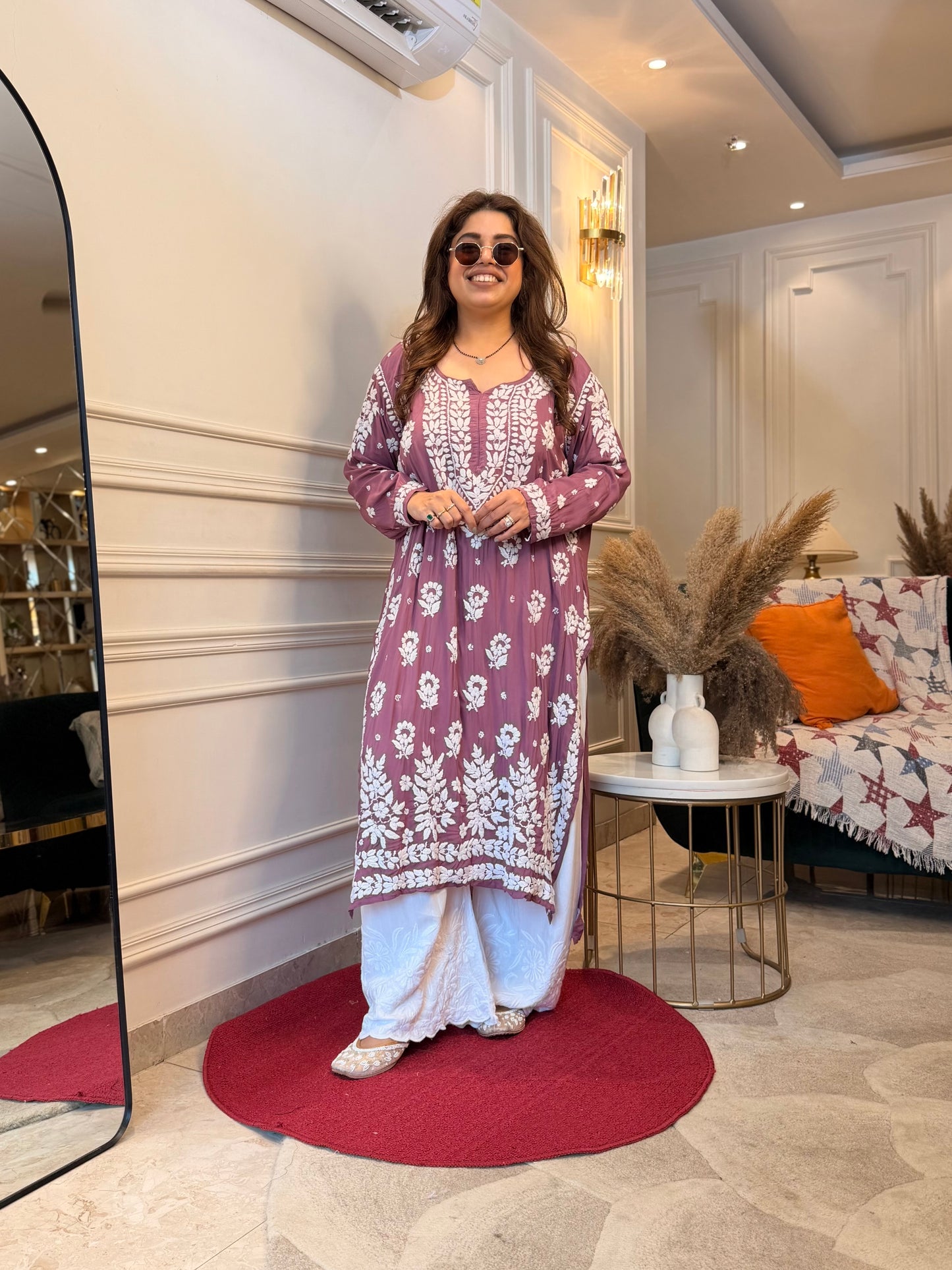 Hand Embroidered 6D Chikankari Kurta | Modal | Mauve