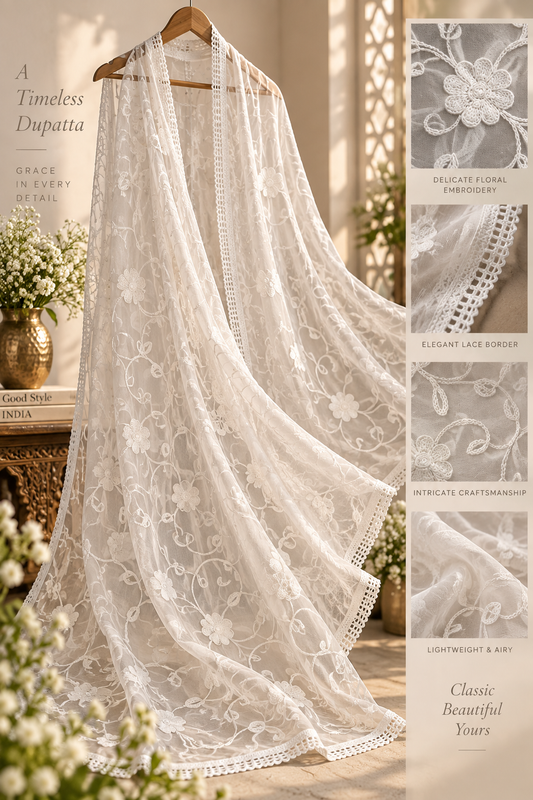 White Duppatta Machine Embroidered