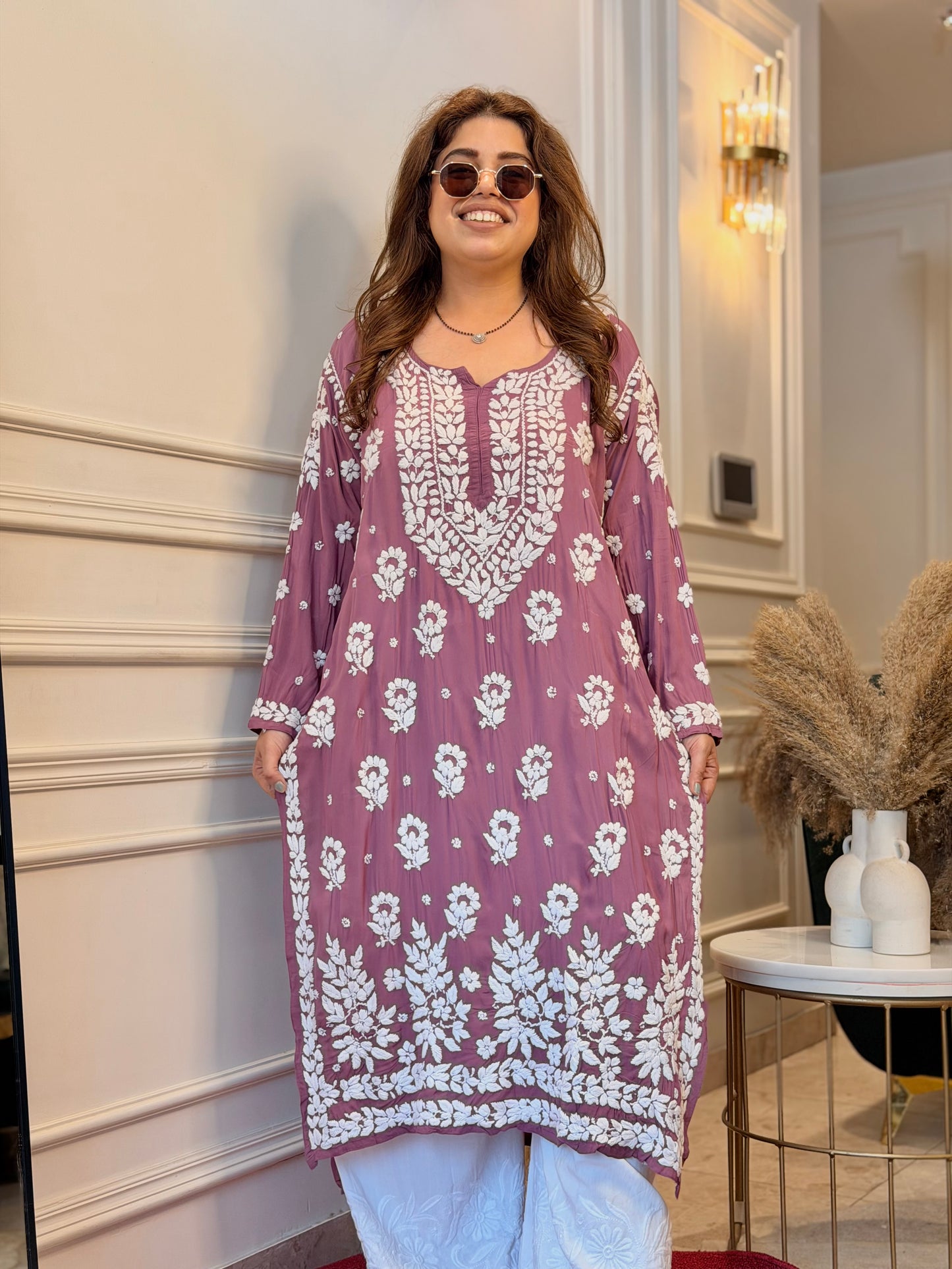 Hand Embroidered 6D Chikankari Kurta | Modal | Mauve
