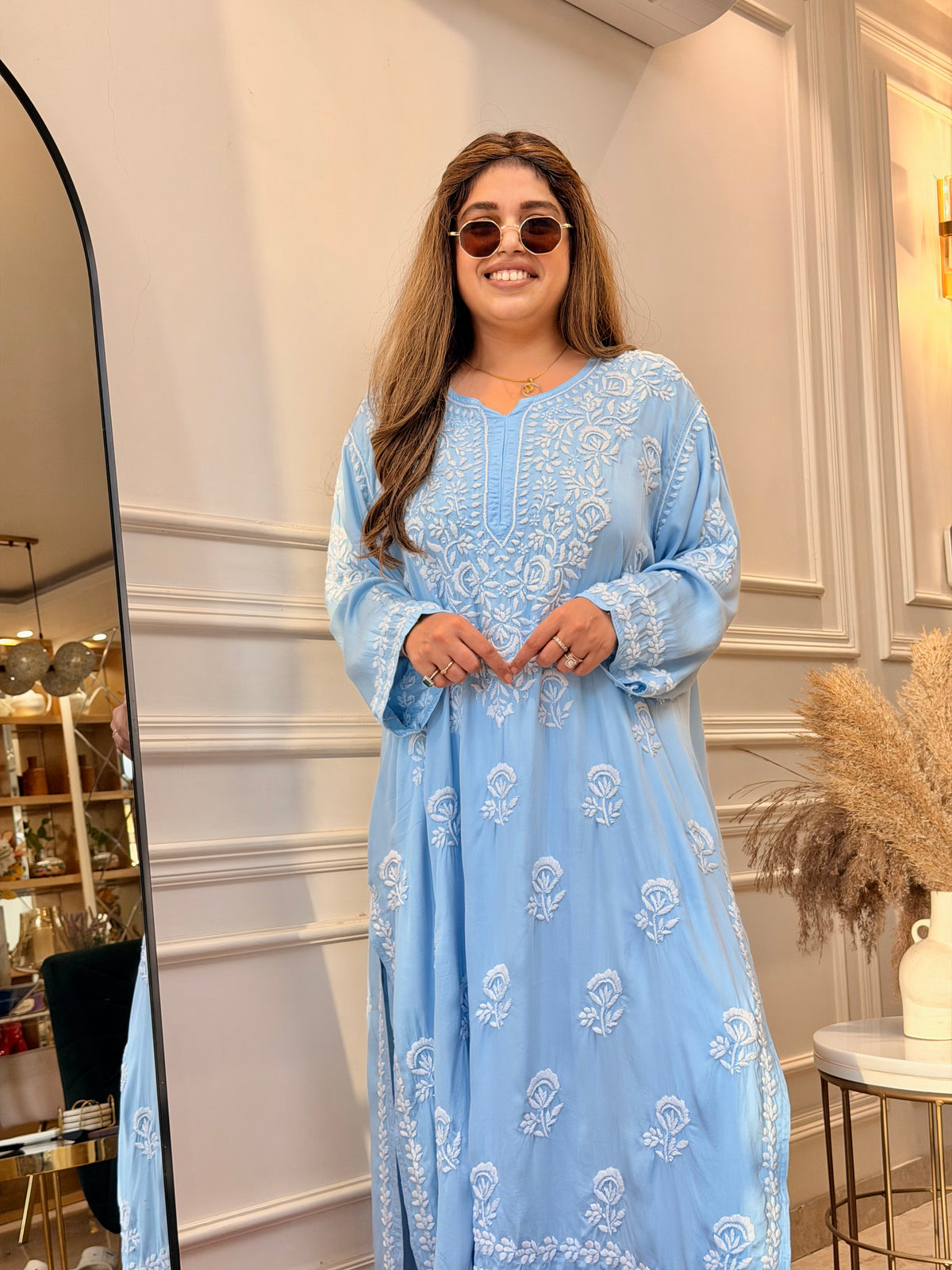 3D Hand Embroidered Chikankari Kurta set | Premium Modal Satin | Powder Blue