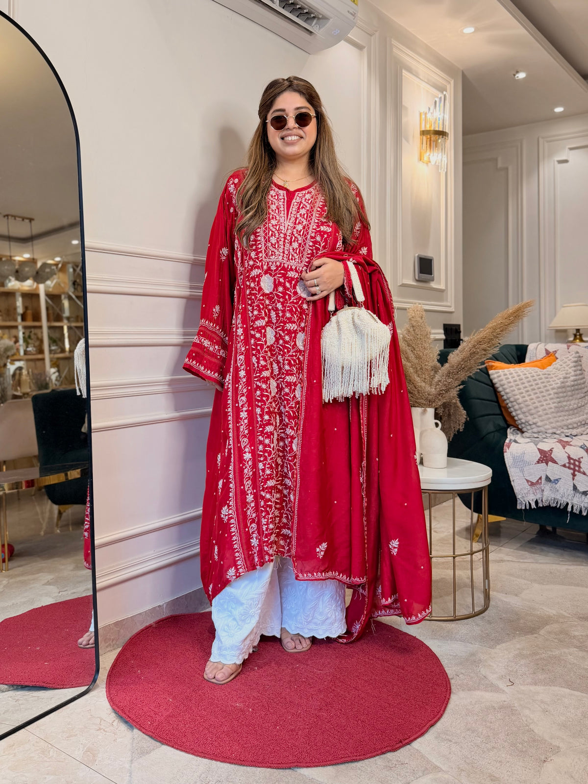 Luxe Hand Embroidered Chikankari Kurta & Duppta | Premium Soft Muslin | Red