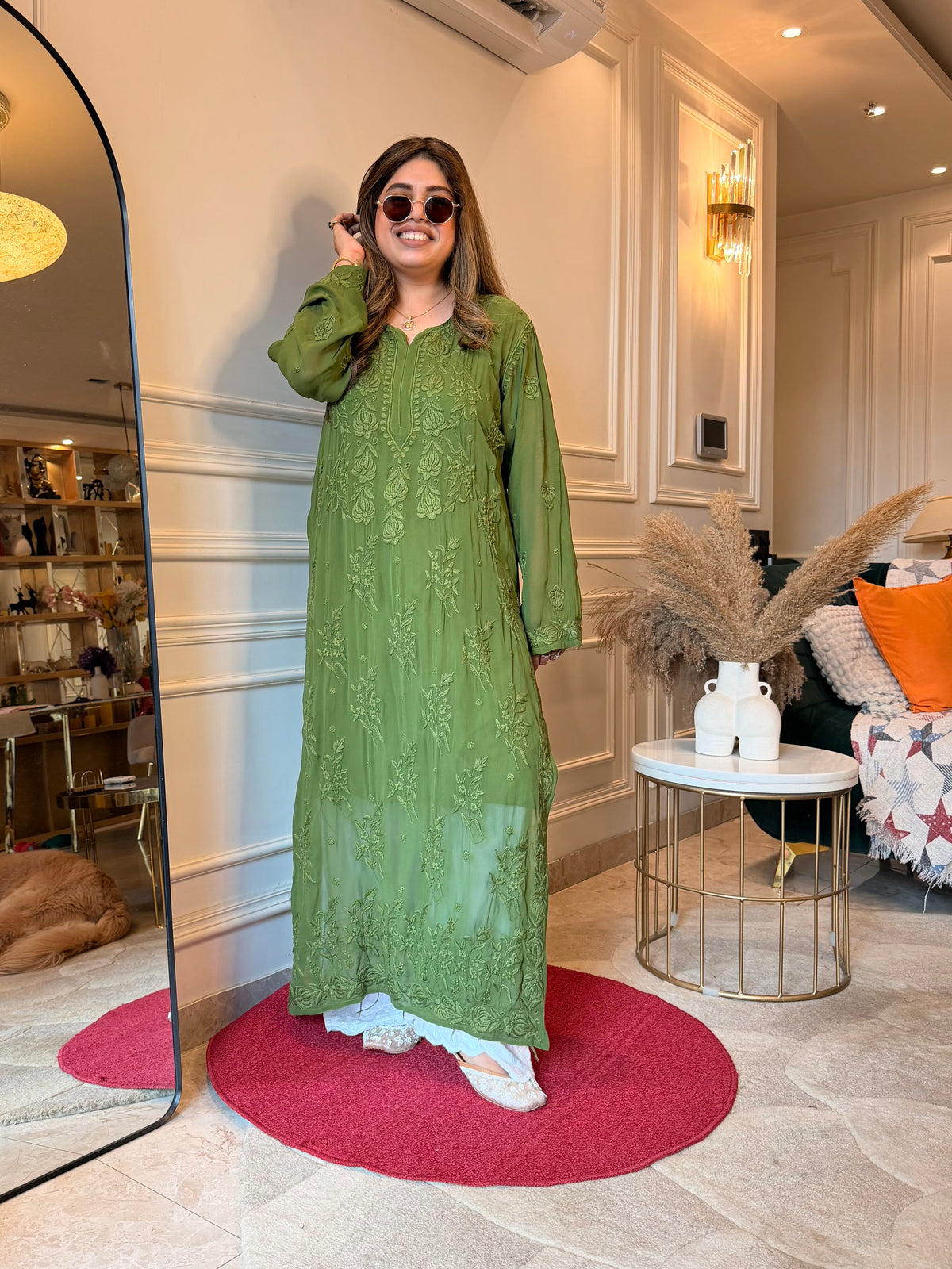 Hand Embroidered 3DChikankari Kurta  | Viscose | Green